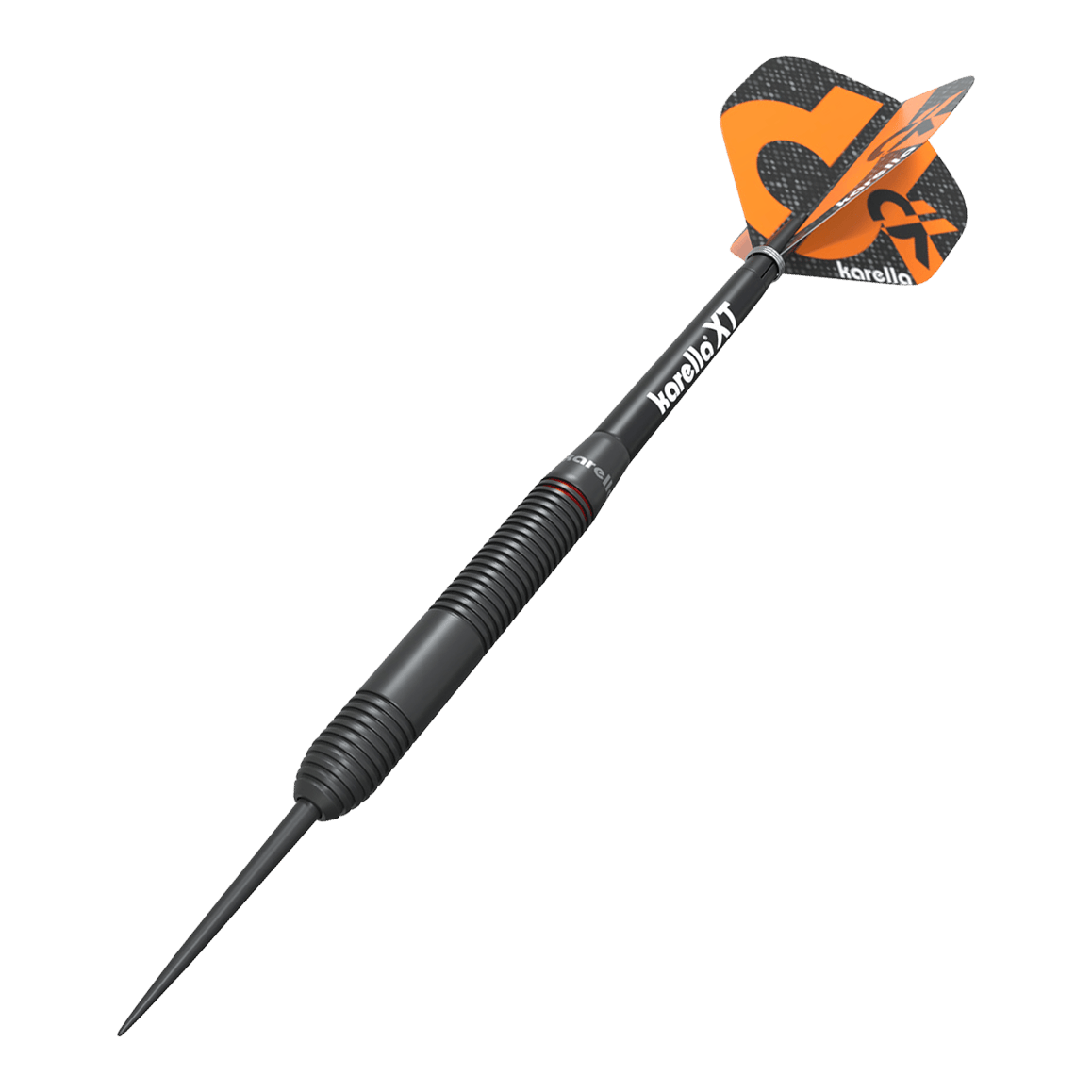 Freccette in acciaio Karella Daniel Klose Das Bild zeigt einen Karella Daniel Klose Steeldart. Der Dartpfeil ist schwarz mit orangem Flights und hat ein modernes Design.