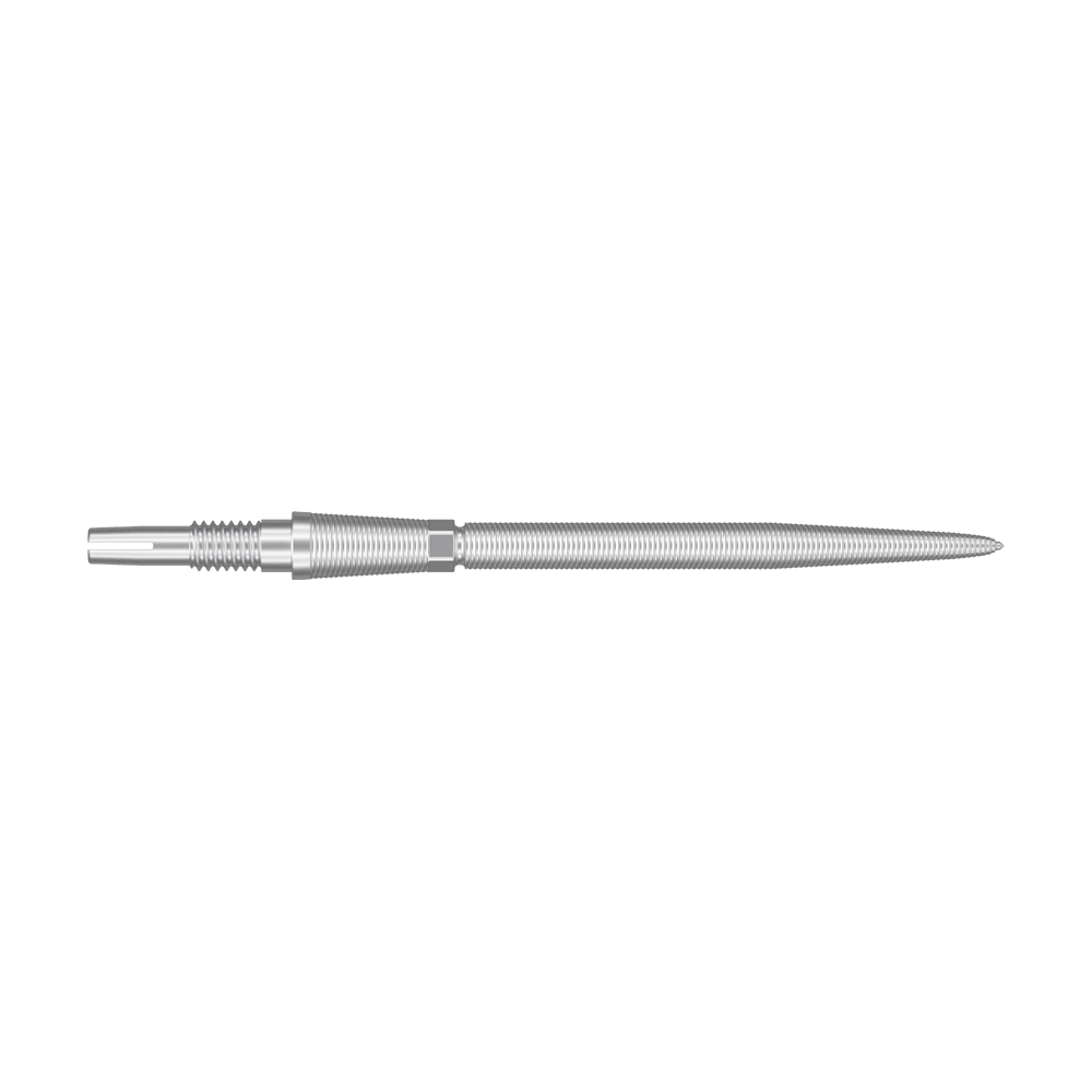Target Swiss Storm Nano Point Dartspitzen - Silber Das Bild zeigt eine silberne Dartspitze mit feinen Rillen. Sie ist lang und schmal gestaltet.