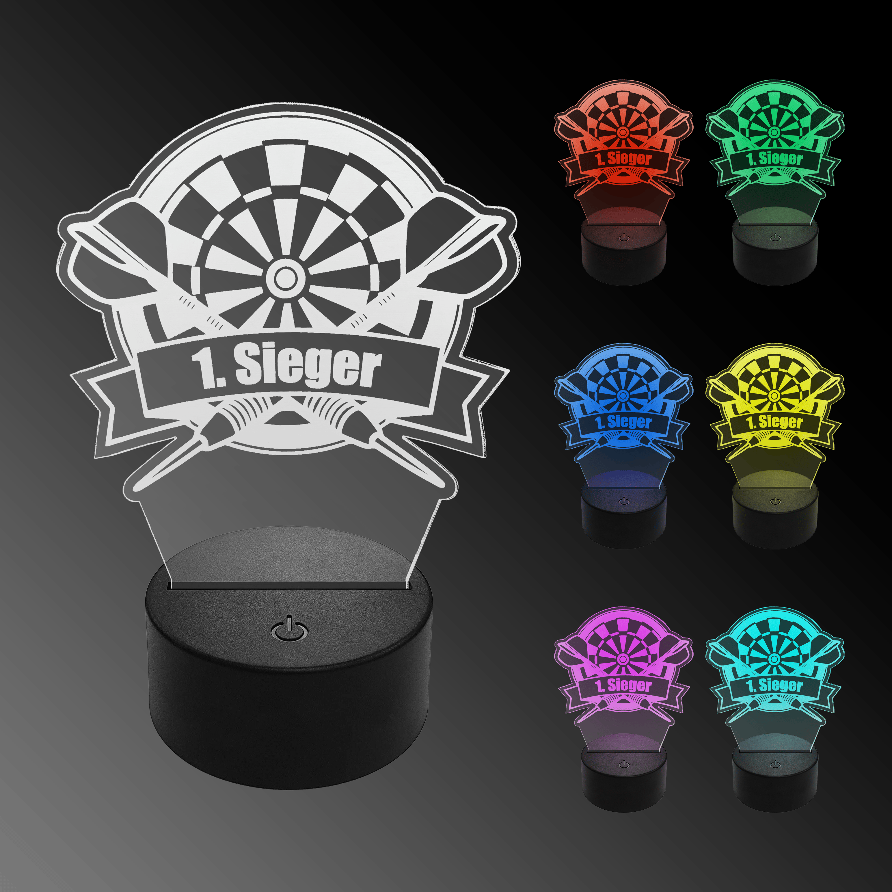 Lampada a freccia a LED in plexiglass con testo personalizzato Das Bild zeigt eine LED-Lampe in Form eines Dartboards mit der Aufschrift „1. Sieger“. Rechts sind sechs weitere Lampen in verschiedenen Farben zu sehen.