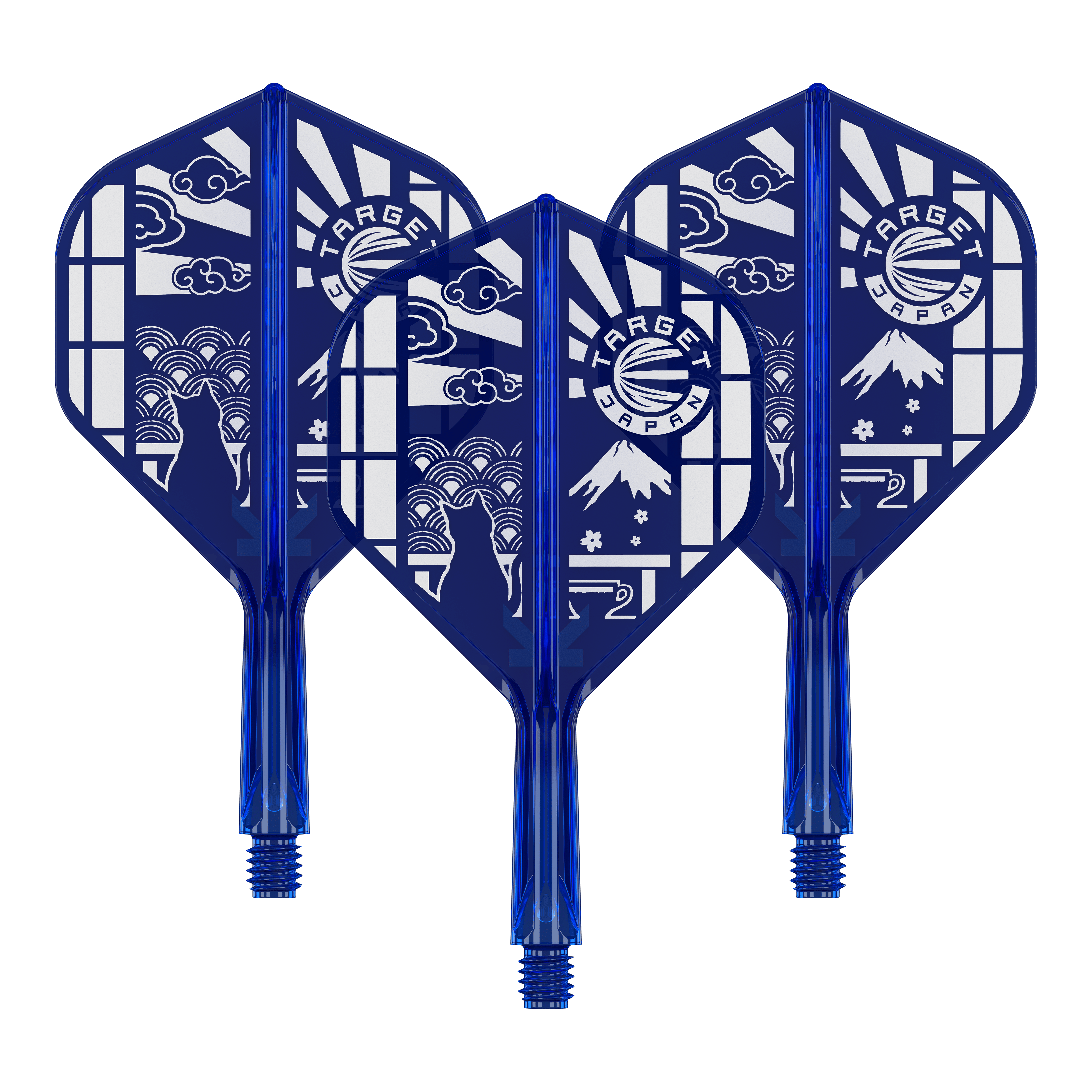 Das Bild zeigt '410291 Target Japan K-Flex Blue Limited No2 Flights 19mm 1Set'. Es handelt sich um ein Set limitierter Flights für Darts in Blau.