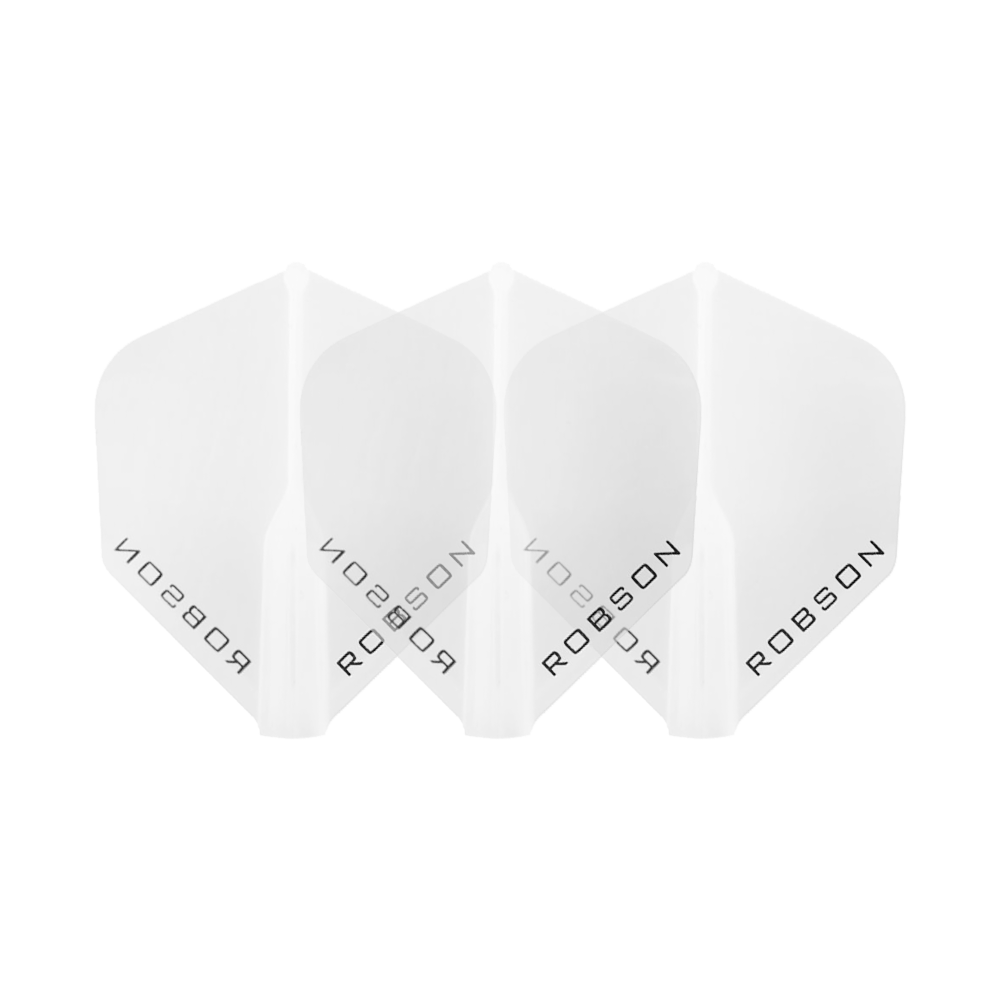 Voli Robson Plus - Standard Das Bild zeigt drei klare Dart-Flights der Marke Robson. Die Flights sind nebeneinander angeordnet und tragen den Schriftzug "ROBSON".