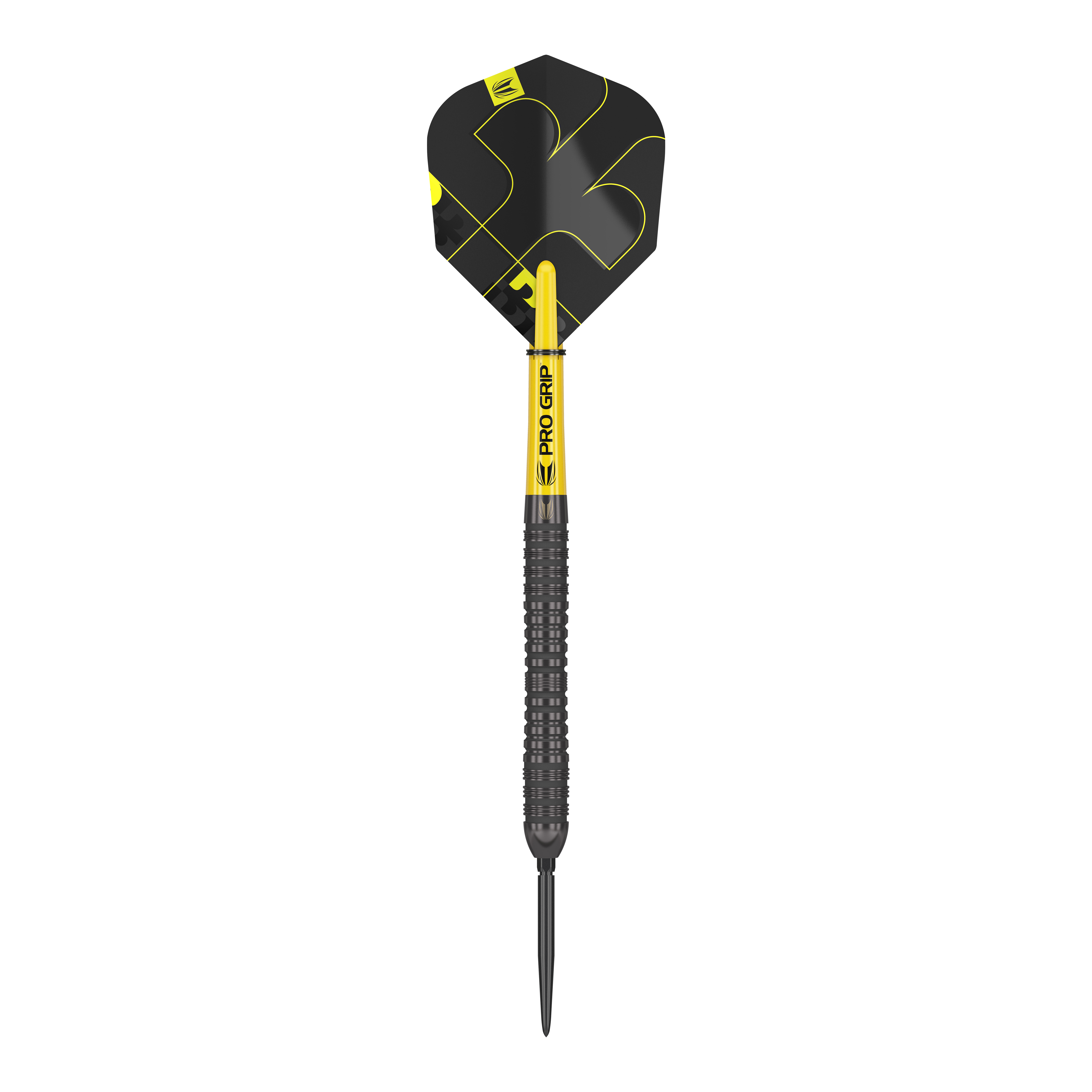 Freccette in acciaio Target Bolide Void 04 Swiss Point Auf dem Bild ist ein Target Bolide Void 04 Swiss Point Steeldart zu sehen. Der Dart ist schwarz mit gelben Akzenten gestaltet und hat eine gezackte Griffstruktur.