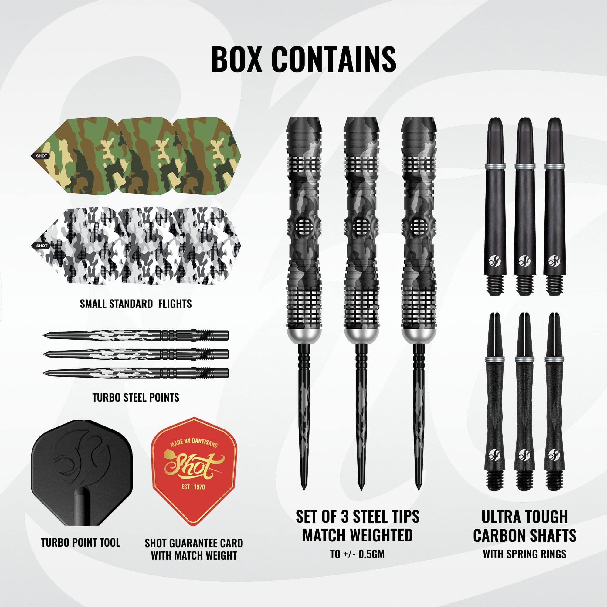 Shot Camo Longshot Turbo Point Steeldarts - 23g Shot Camo Longshot Turbo Point Steeldarts mit 23 Gramm Gewicht werden präsentiert. Die Steeldarts sind markant.