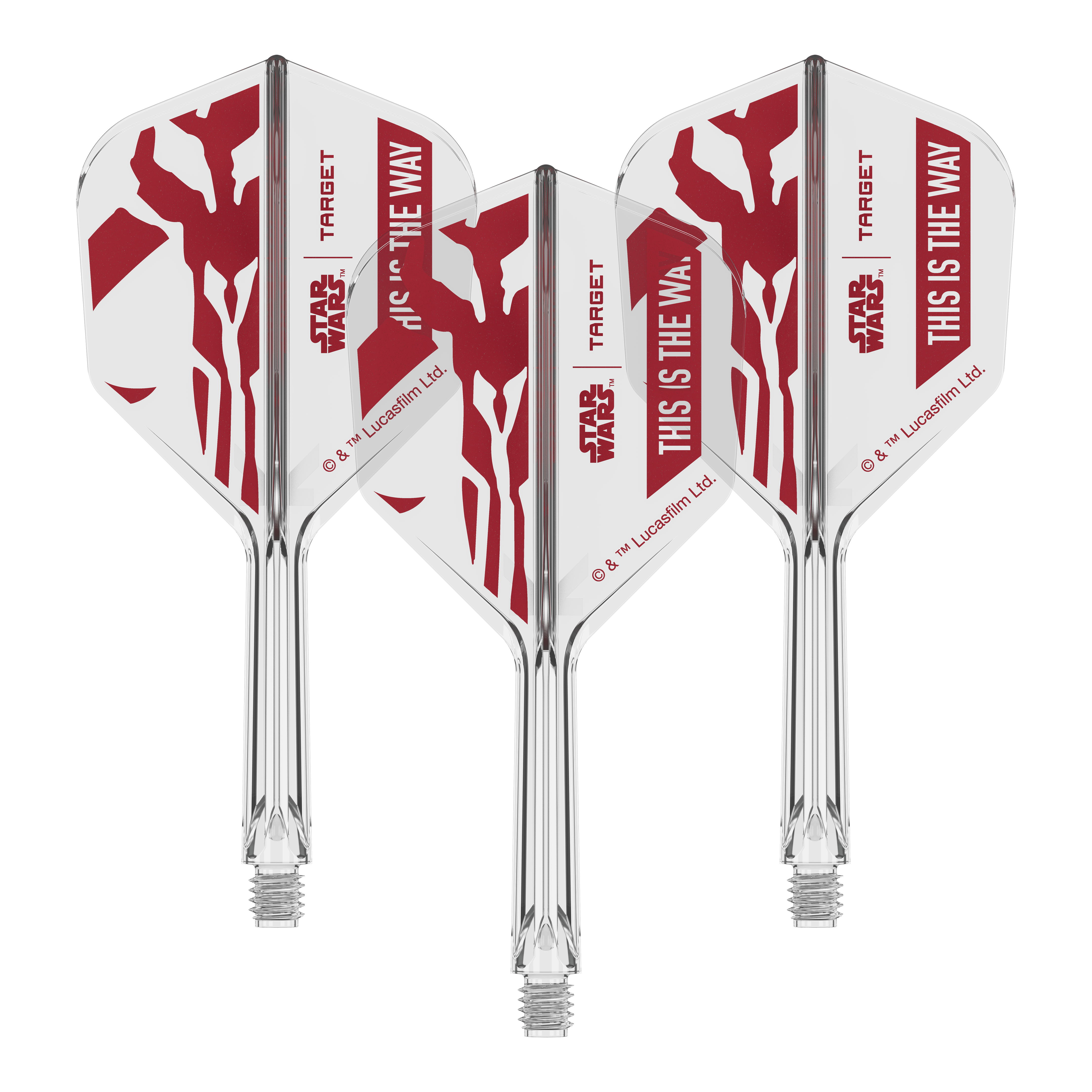 Set Target Star Wars K-Flex Mandalorian No6 Flights Abgebildet ist das Produkt 410624_Target_StarWars_K-Flex_ThisIsTheWay_No6_Flights_26mm_2b. Das Motiv orientiert sich vermutlich an 'This Is The Way' aus Star Wars.