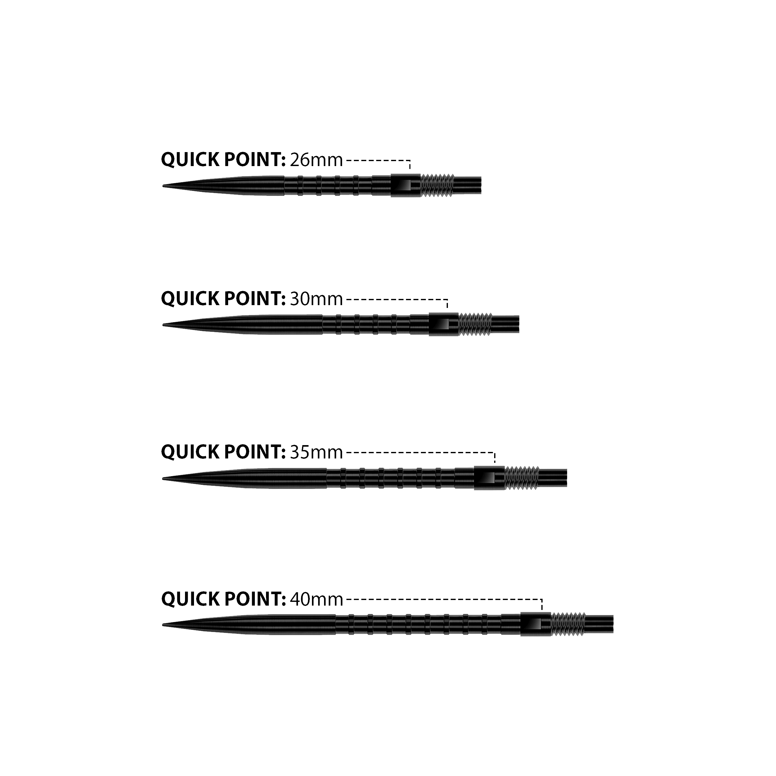 Punte per freccette Harrows Quick Point Heavy Metal - Nere Das Bild zeigt Harrows Quick Point Heavy Metal Dartspitzen in Schwarz. Sie sind robust und für präzise Würfe geeignet.