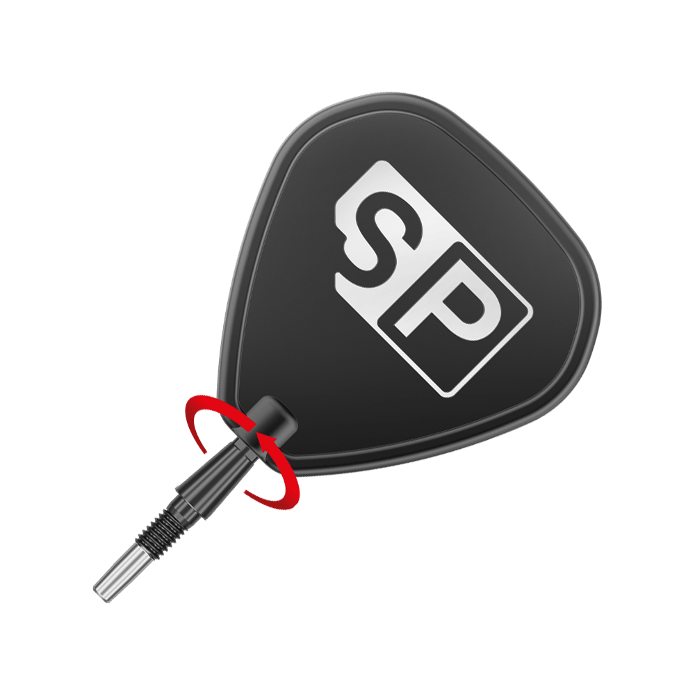 Punte per freccette in acciaio Target Swiss Point Storm Surge - Nere Das Bild zeigt eine schwarze Steeldartspitze mit dem weißen Aufdruck "SP". Eine rote Pfeilmarkierung deutet darauf hin, dass die Spitze gedreht oder geschraubt werden kann.