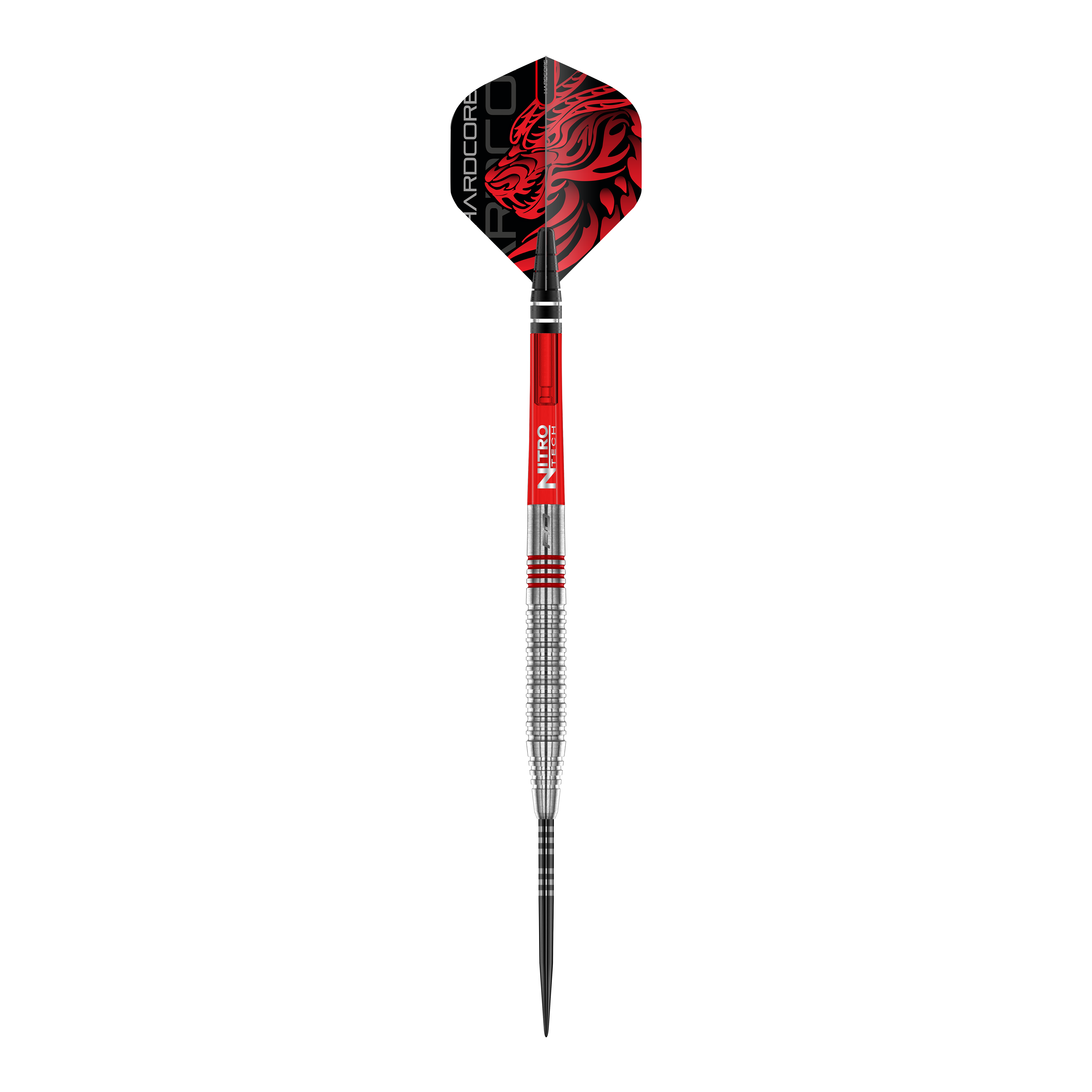 Red Dragon Jonny Clayton Original 2 freccette in acciaio Auf dem Bild ist ein Steeldart der Marke "Red Dragon Jonny Clayton Original 2" zu sehen. Der Dart hat ein auffälliges Design mit roten und silbernen Elementen sowie einem roten Drachenmotiv auf dem Flight.