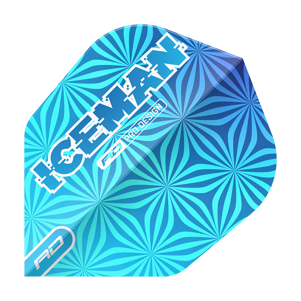 Voli Red Dragon Gerwyn Price Iceman Blue No6 Das Bild zeigt einen blauen Dart-Flight mit einem auffälligen geometrischen Muster. Auf dem Flight steht in weißen Buchstaben das Wort „ICEMAN“ sowie „RD PRO DESIGN“.