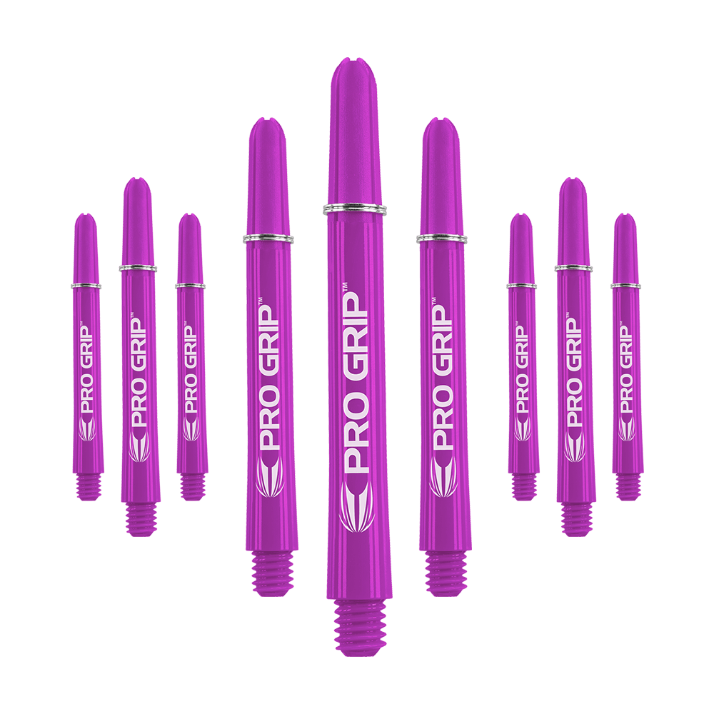 Target Pro Grip Shafts - 3 set - Viola Das Bild zeigt neun lila Dartschäfte der Marke "Pro Grip". Sie sind in drei Gruppen angeordnet, jeweils drei in der Mitte, links und rechts.