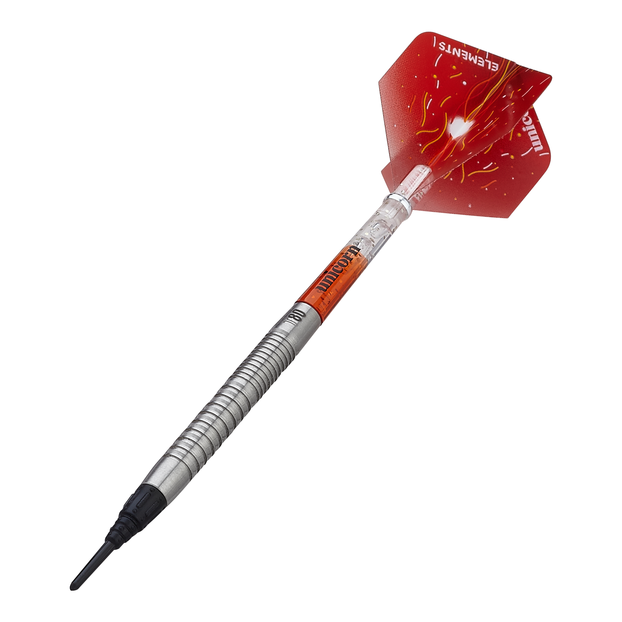 Freccette morbide Unicorn Core XL Striker Style 1 - 19 g Das Bild zeigt einen Unicorn Core XL Striker Style 1 Softdart mit 19g Gewicht. Der Dart hat eine silberne, geriffelte Spitze und rote Flights mit einem auffälligen Design.