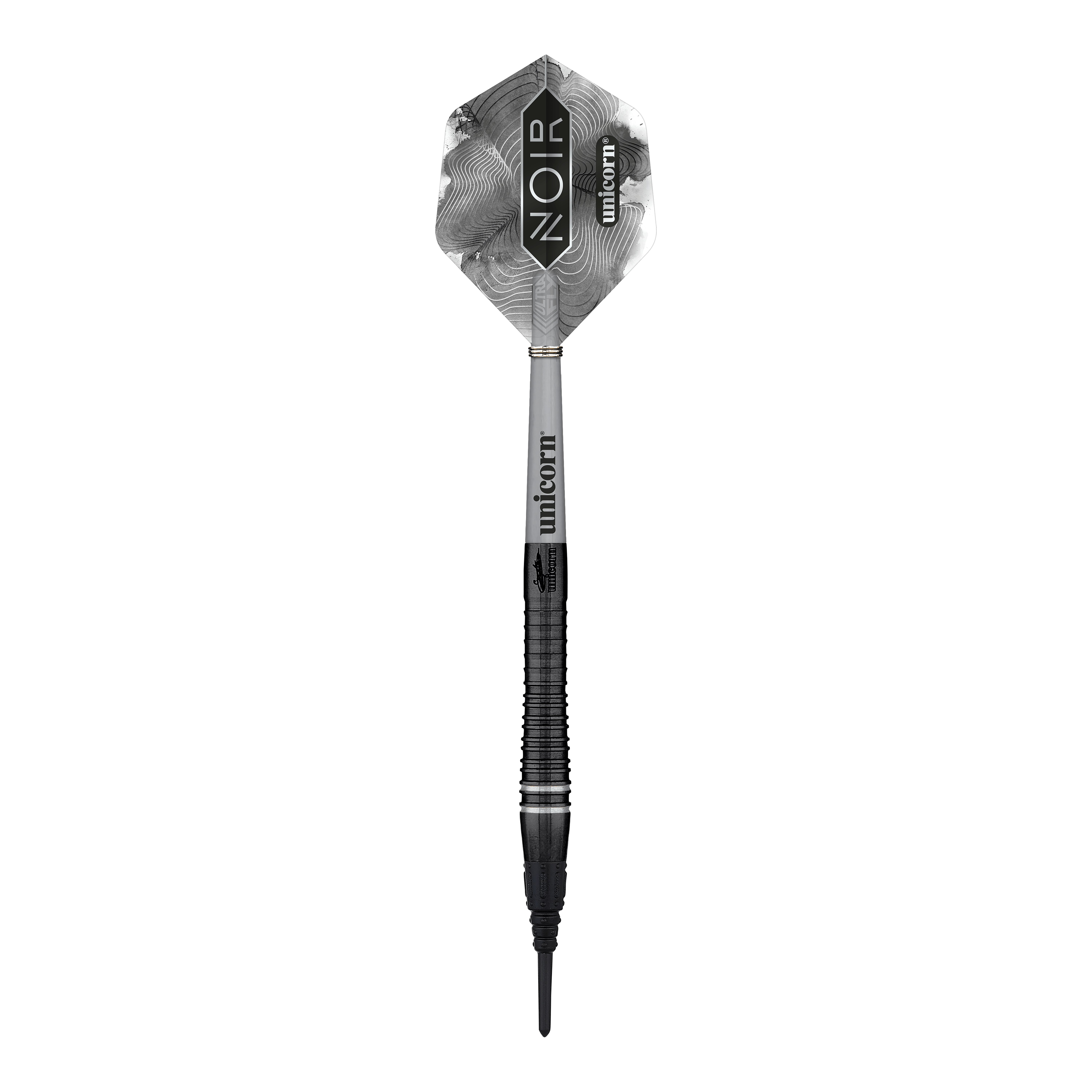 Campione del mondo Unicorn Gary Anderson Noir Fase 6 Soft Darts Das Bild zeigt einen Softdart aus der Produktreihe "Unicorn World Champion Gary Anderson Noir Phase 6". Der Dart hat ein schwarzes, elegantes Design mit der Aufschrift "Noir" und "Unicorn" auf dem Flight.