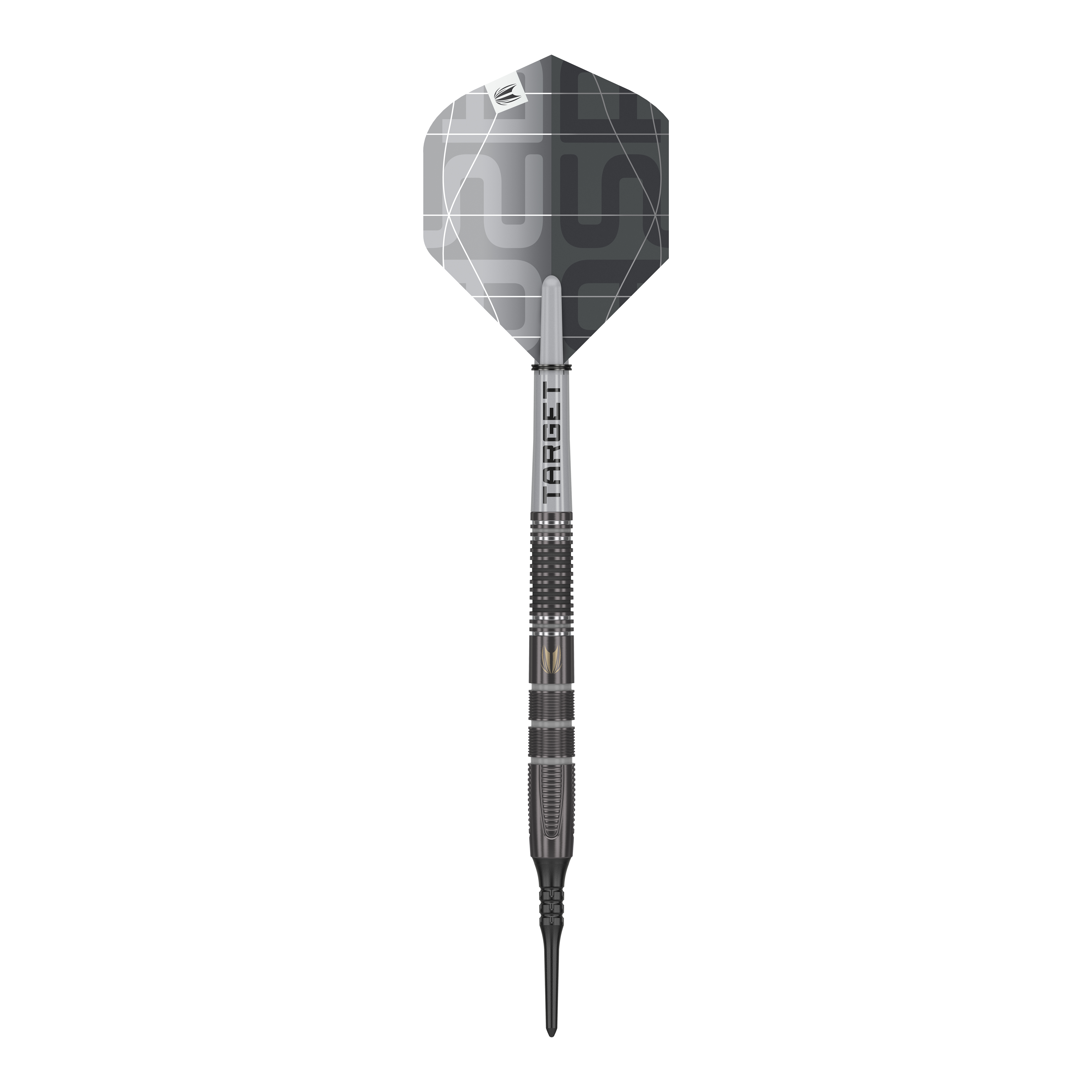 Freccette morbide Target Nathan Aspinall X Echo - 18 g Das Bild zeigt einen Target Nathan Aspinall X Echo Softdart mit einem Gewicht von 18g. Der Dartpfeil ist überwiegend in Silber und Schwarz gehalten und hat eine moderne, geometrische Flugfeder.