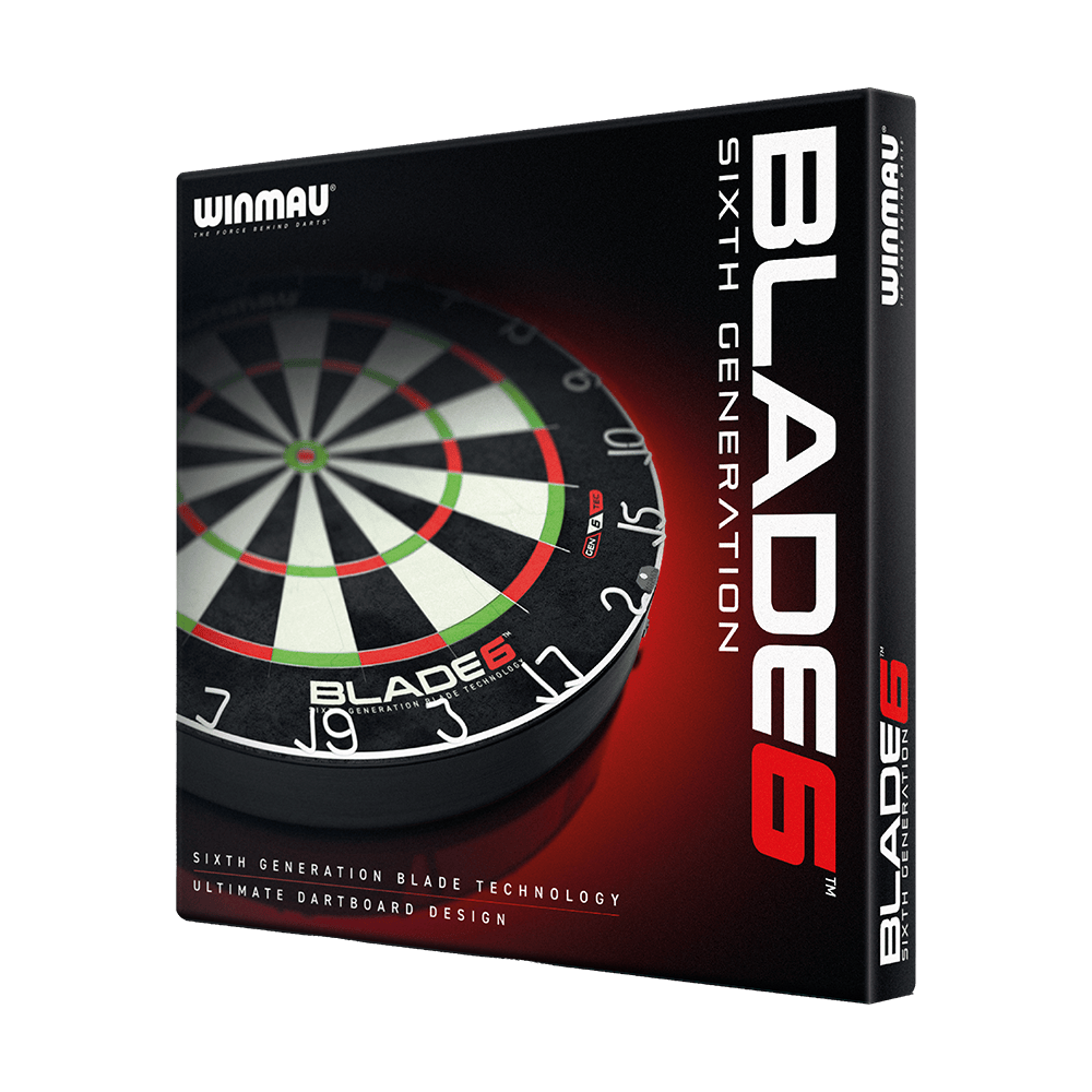 3033_Winmau_Blade_6_Steeldartboard_5 Dies ist die Verpackung des Winmau Blade 6 Steeldartboards. Auf der Vorderseite sieht man ein Bild des Dartboards und den Hinweis auf die sechste Generation der Blade-Technologie.