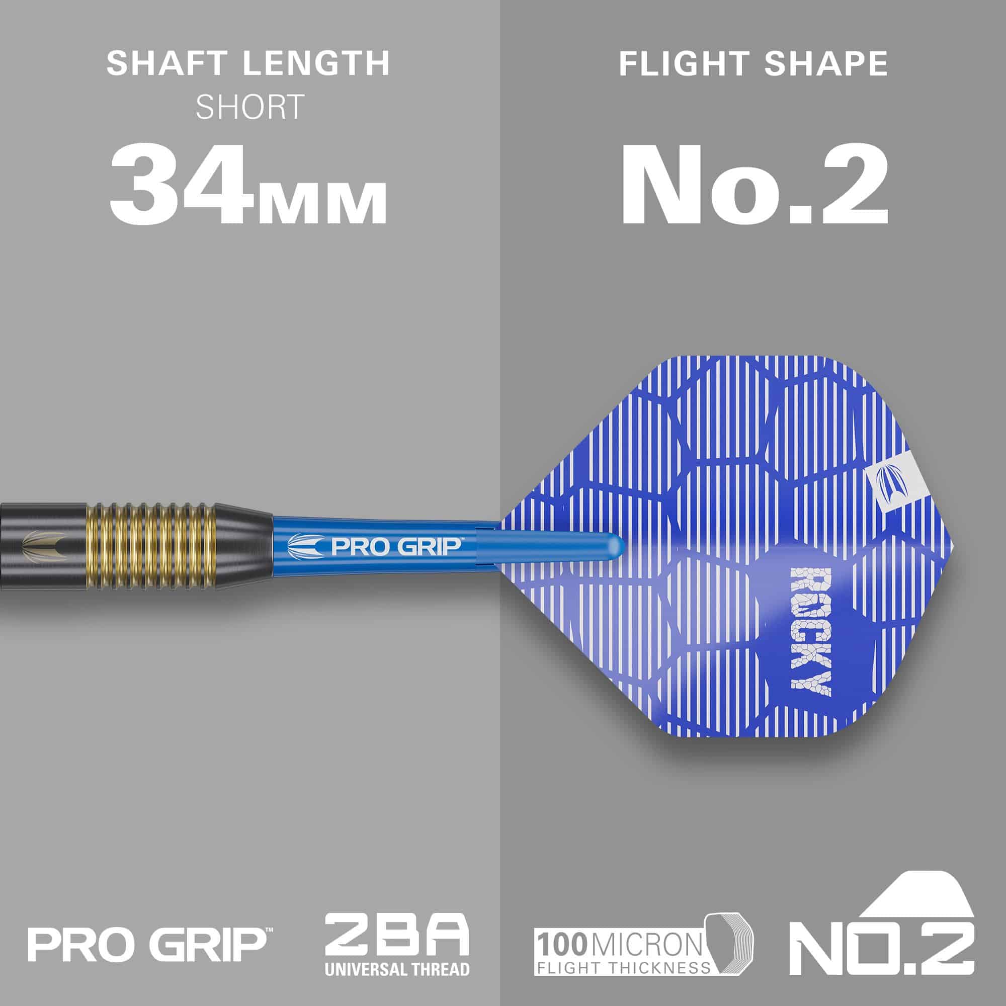 Freccette morbide Target Josh Rock Brass - 18 g Das Bild zeigt den Target Josh Rock Brass Softdart mit einem Gewicht von 18g. Der Dart hat eine kurze Schaftlänge von 34 mm und eine Flight-Form Nummer 2.