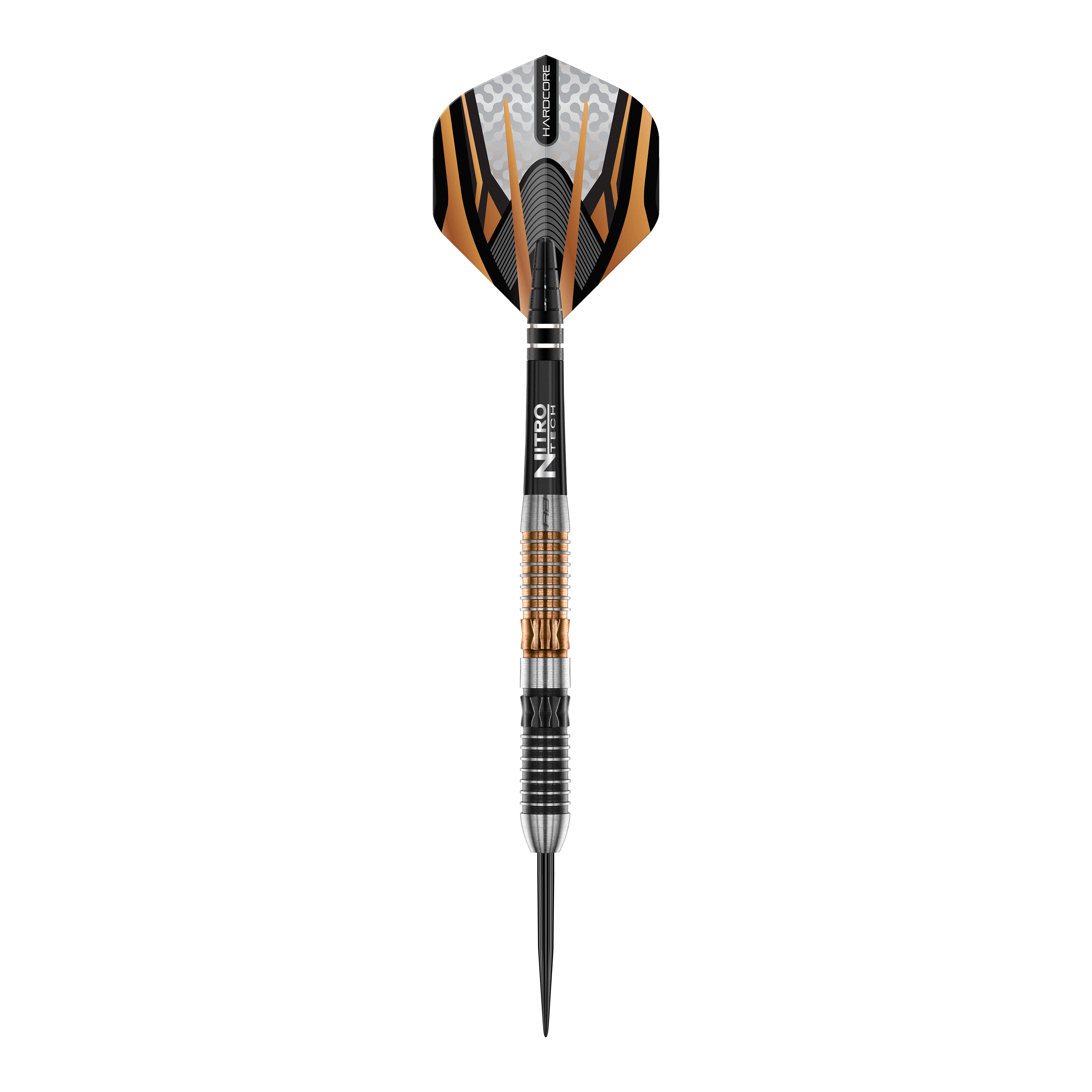 Freccette in acciaio Red Dragon Panterra Das Bild zeigt einen Red Dragon Panterra Steeldart mit auffälligem orange-schwarzem Design. Der Dart verfügt über eine strukturierte Griffzone und eine scharfe Metallspitze.