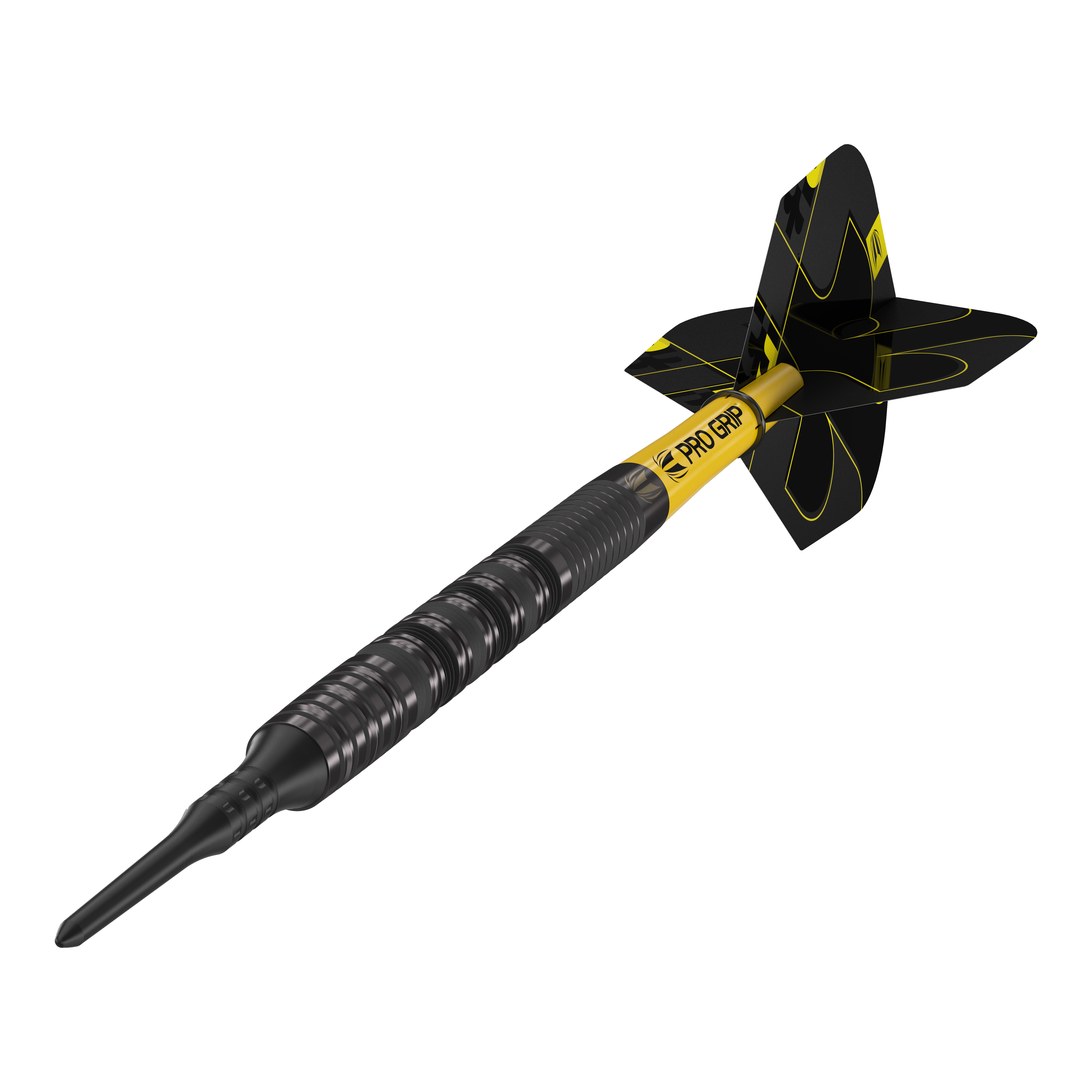 Target Bolide Void 10 freccette morbide Das Bild zeigt einen Target Bolide Void 10 Softdart. Der Softdart ist schwarz mit gelben Akzenten und hat eine strukturierte Griffzone.