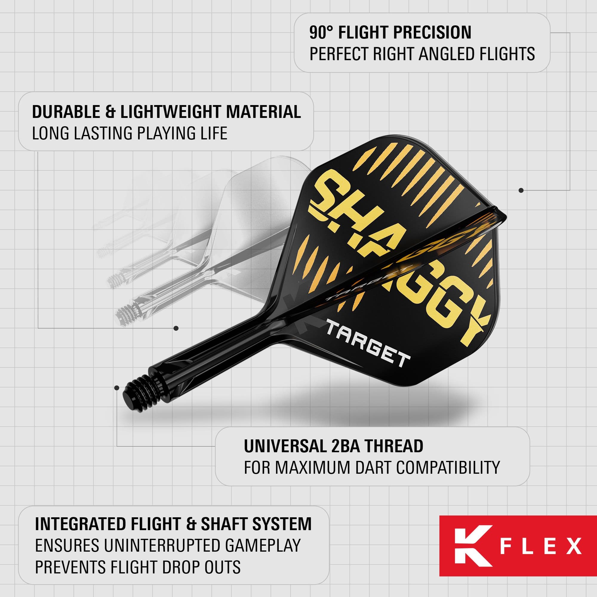 Sistema di alberi di volo standard Target K-Flex Scott Williams No2 Das Bild zeigt das Produkt „Target K-Flex Scott Williams No2 Standard Flights“ mit den wichtigsten Merkmalen. Es hebt die langlebigen Materialien, die präzise Flugausrichtung und das integrierte Flight- und Shaft-System hervor.