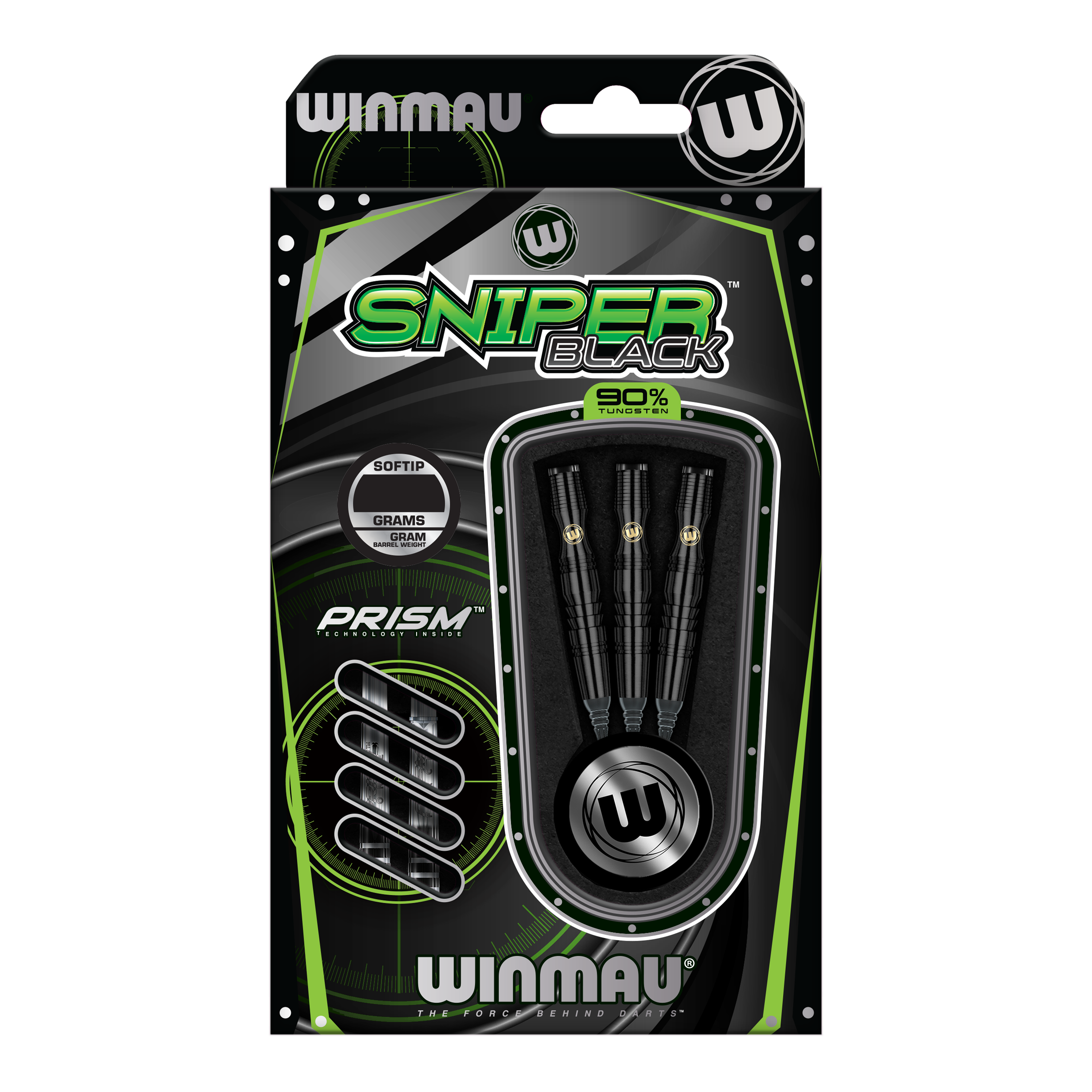 Freccette morbide Winmau Sniper Black - 20 g Die Abbildung zeigt die Winmau Sniper Black Softdarts mit einem Gewicht von 20g. Die Verpackung enthält drei schwarze Softdarts aus 90% Tungsten.