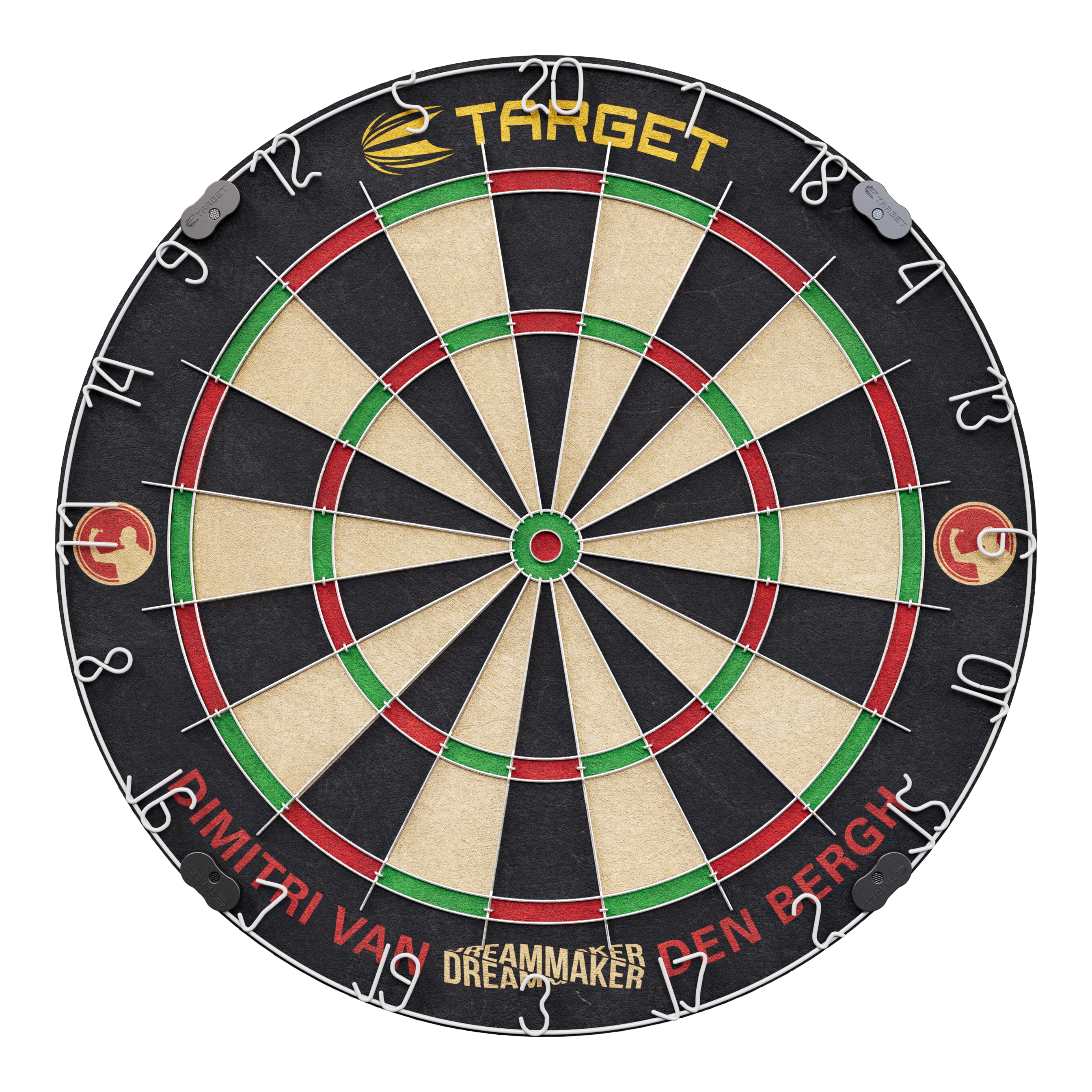 Set di bersagli in acciaio Target Dimitri Van Den Bergh Das Bild zeigt eine Steeldartscheibe mit dem Namen "Target Dimitri Van Den Bergh Steeldartboard Set". Am unteren Rand steht der Schriftzug "Dimitri Van Den Bergh" und in der Mitte unten "Dreammaker".