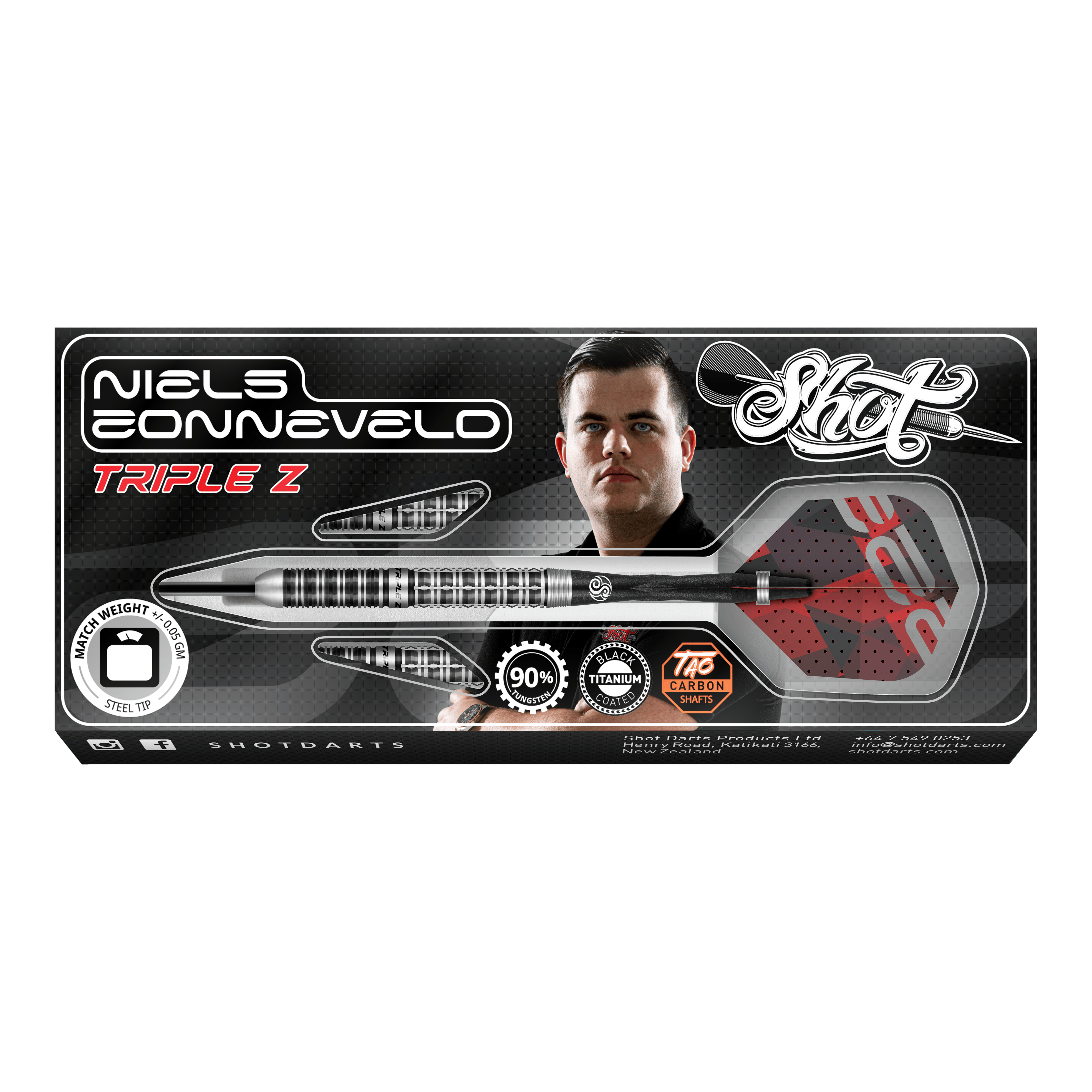 Freccette in acciaio Shot Niels Zonneveld V2 Auf dem Bild ist die Verpackung der "Shot Niels Zonneveld V2 Steeldarts" zu sehen. Die Verpackung zeigt einen Dartpfeil, das Logo und ein Porträt von Niels Zonneveld.