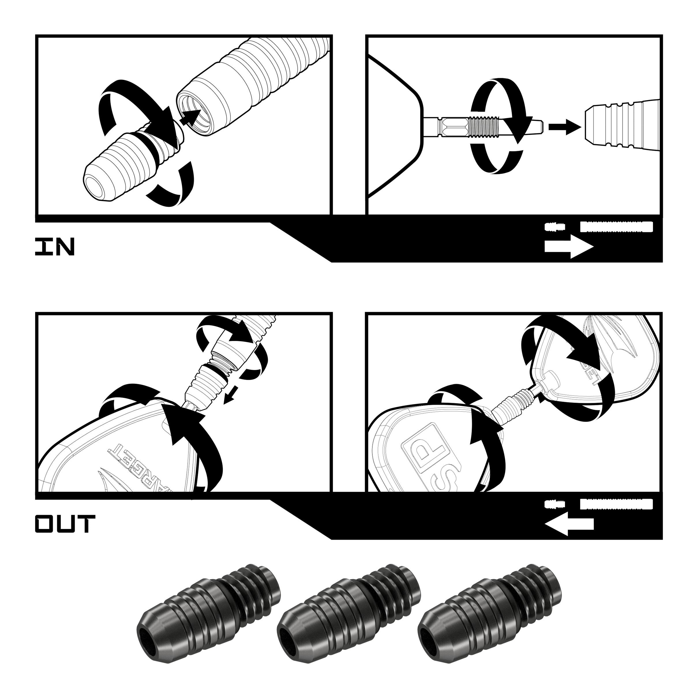 Convertitore Target Swiss Point 2BA - Nero Das Bild zeigt die Montage- und Demontageanleitung für den Target Swiss Point 2BA Converter - Schwarz. Unten im Bild sind drei der schwarzen Converter abgebildet.
