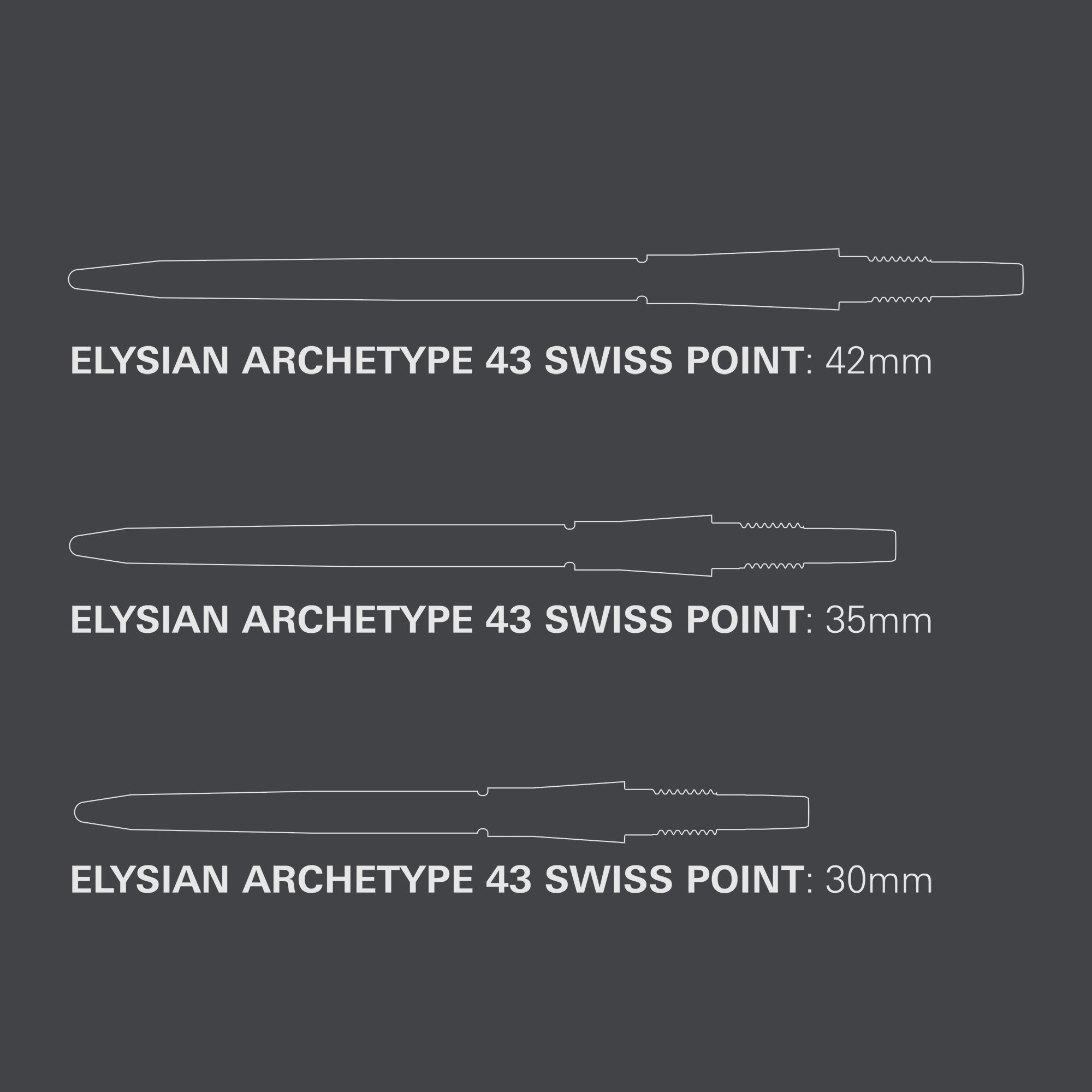 Punte per freccette Target Elysian Archetype 43 Swiss Point in acciaio - Nere Das Bild zeigt die Target Elysian Archetype 43 Swiss Point Steeldartspitzen in Schwarz. Die Dartspitzen sind robust und für professionelle Spieler geeignet.
