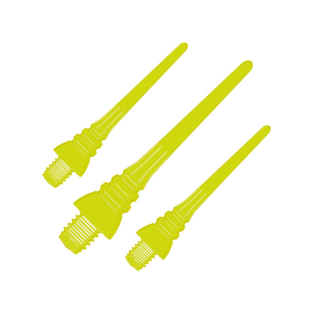Winmau Triton Softtip Points Softdartspitzen (50-er Pack) Das Bild zeigt drei gelbe Softdartspitzen mit Schraubgewinde. Sie sind für den Einsatz in Softdarts geeignet.