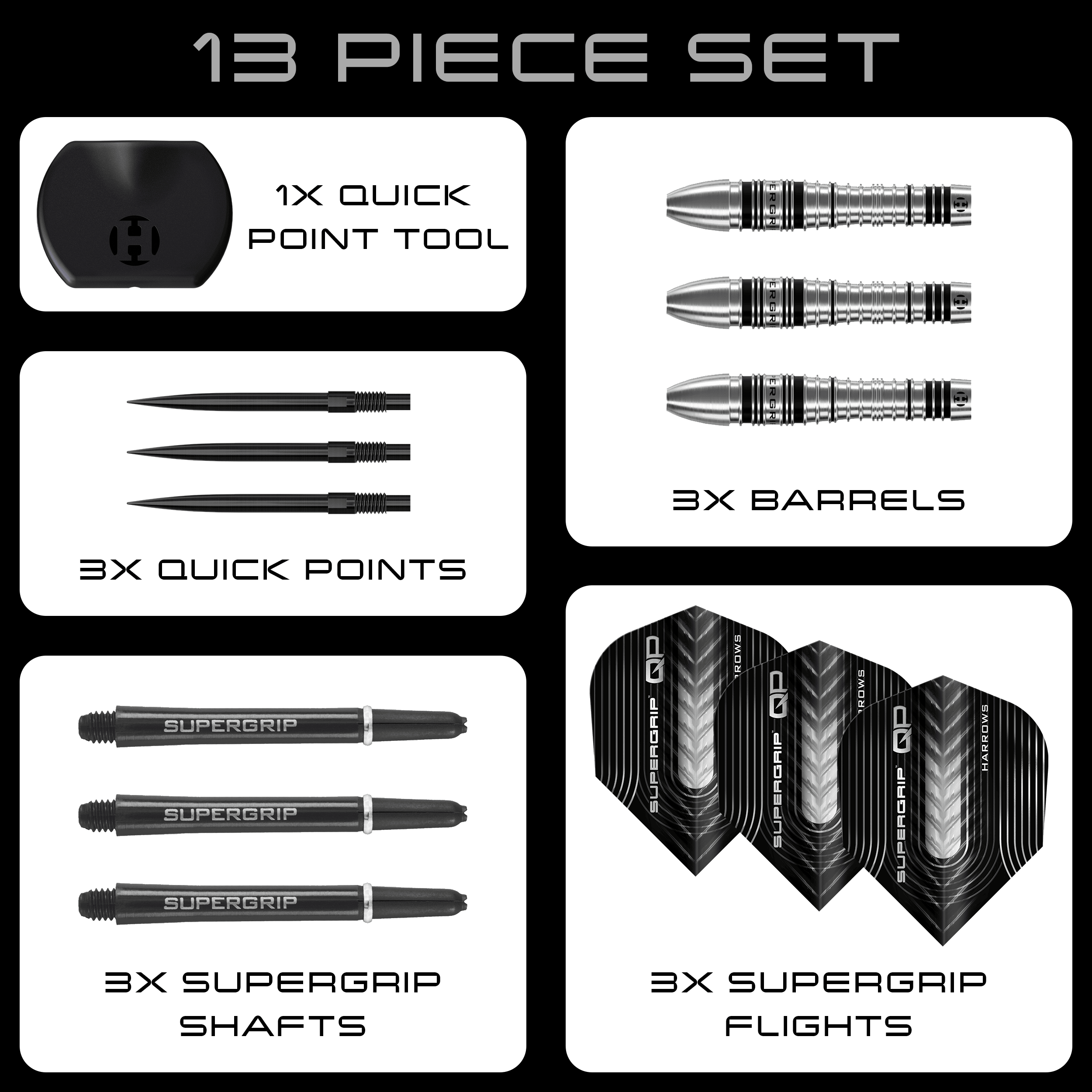 Freccette in acciaio Harrows Supergrip Bomb Quick Point Hier sind die Harrows Supergrip Bomb Quick Point Steeldarts zu sehen. Die Darts eignen sich hervorragend für präzises Spiel.