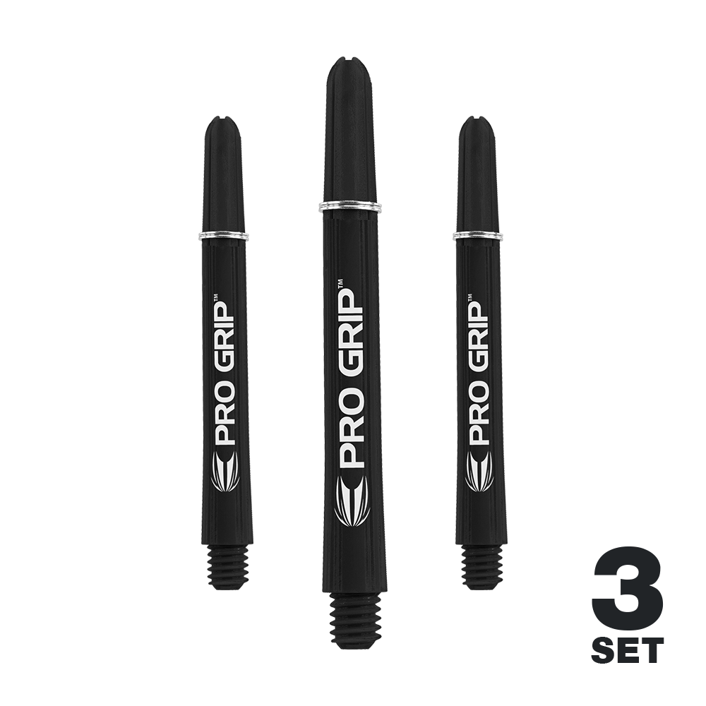 Target Pro Grip Shafts - 3 set - Nero Das Bild zeigt drei schwarze Dartschäfte der Marke "Pro Grip". In der rechten unteren Ecke steht "3 Set".
