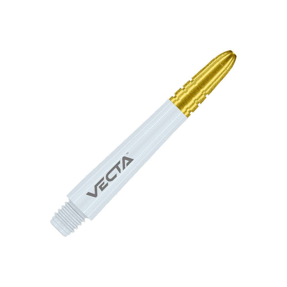 Winmau Vecta Shafts - Weiß Gold Dies ist ein weißer Dartshaft mit goldenem oberen Ende. Auf dem Schaft steht das Wort "VECTA".