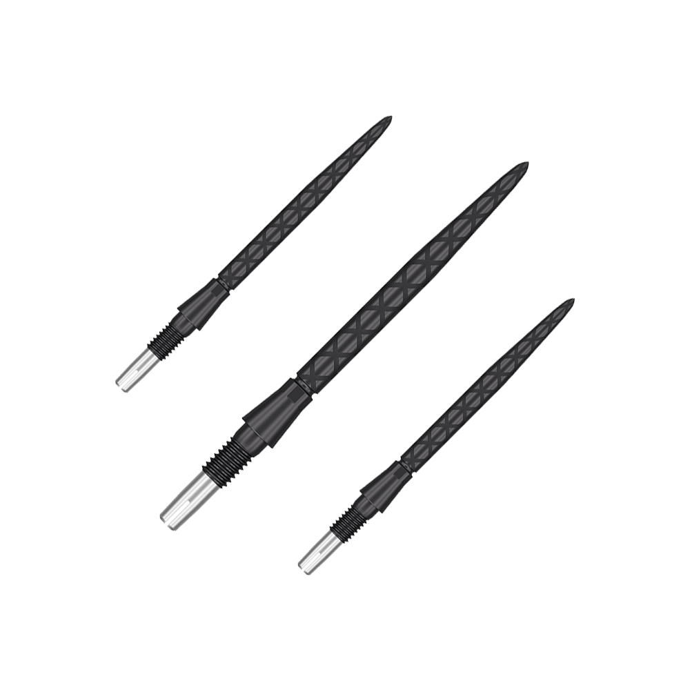 Punte per freccette Target Swiss Storm Diamond Point - Nere Das Bild zeigt drei schwarze Dartspitzen mit diamantförmigem Muster. Sie sind in einer Reihe nebeneinander angeordnet.