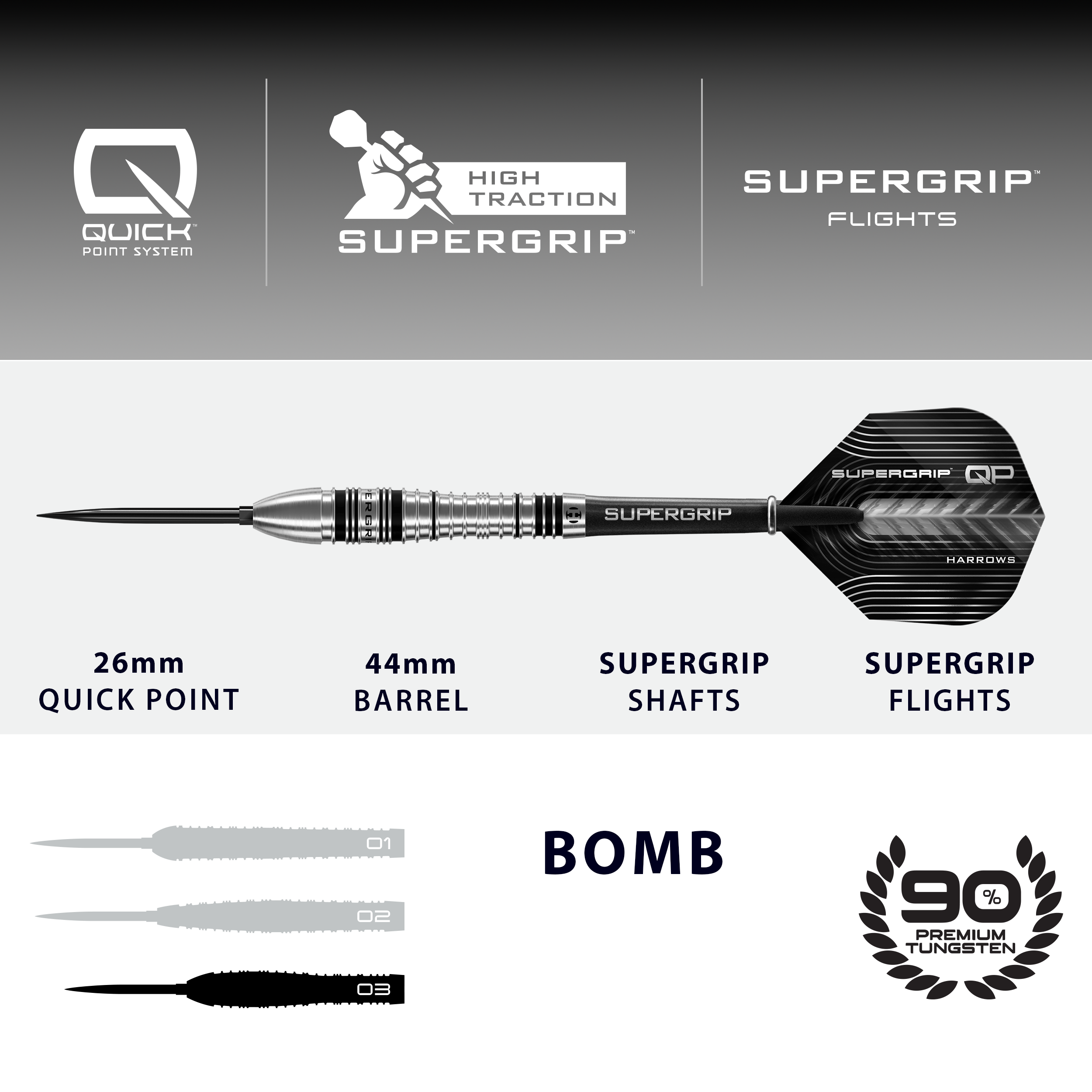 Freccette in acciaio Harrows Supergrip Bomb Quick Point Dies ist ein Bild der Harrows Supergrip Bomb Quick Point Steeldarts. Die Steeldarts zeichnen sich durch ihren besonders guten Grip aus.
