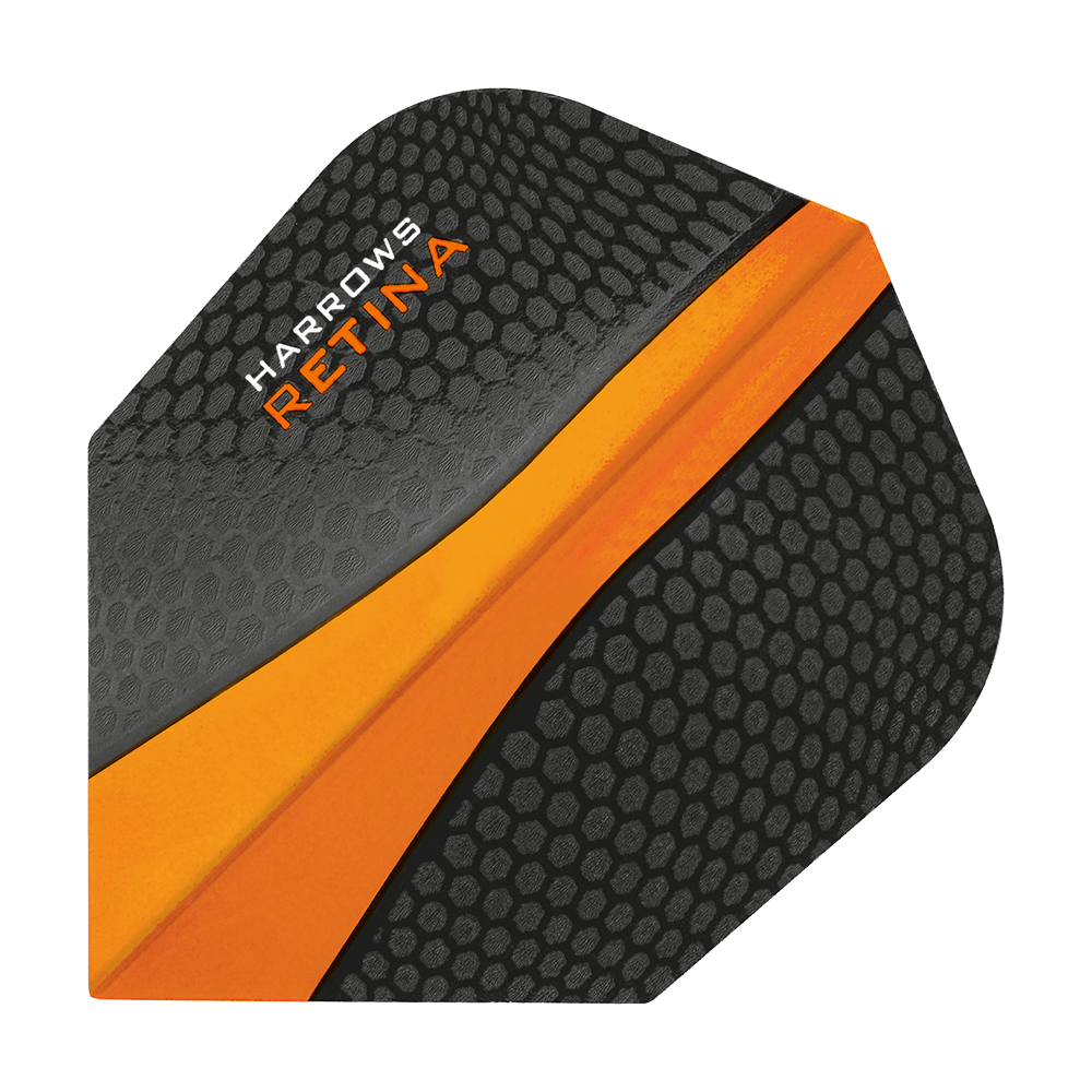 HR66_Harrows_Retina_Orange_No2_Standard_Flights_1 Dies ist ein Harrows Retina Orange No6 Flight für Dartpfeile. Das Design ist überwiegend schwarz mit einem auffälligen orangen Streifen und Wabenmuster.