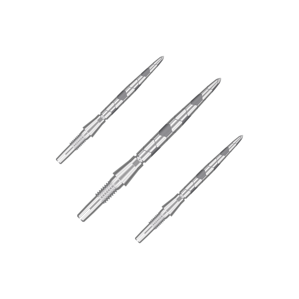Punte per freccette Target Swiss Storm Onyx Point - Argento Auf dem Bild sind drei silberne Dartspitzen zu sehen. Sie haben ein längliches, geriffeltes Design und sind aus Metall gefertigt.