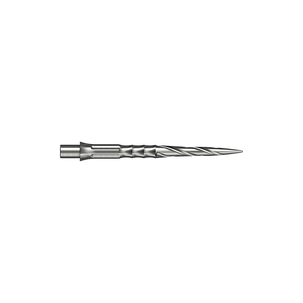 Punte per freccette in acciaio Caliburn System - Spiro - NoLip - argento Hier sind silberne Steeldartspitzen des Caliburn Evo Systems mit Spiro-Design und 28 mm Länge abgebildet. Zwei dieser Spitzen liegen nebeneinander.