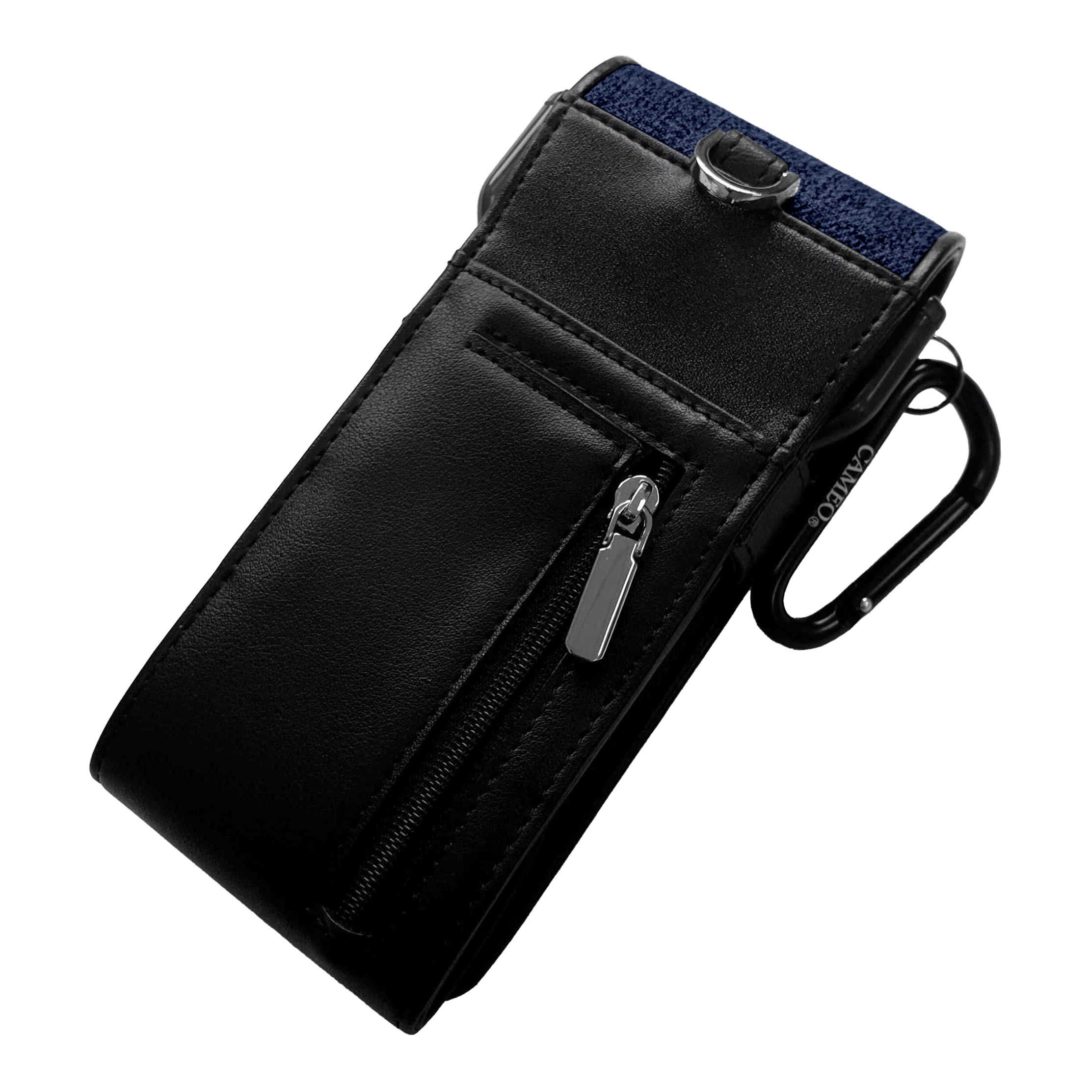 Custodia per freccette Cameo Thread Dies ist ein elegantes Etui aus schwarzem Material mit einem Reißverschlussfach. Es hat einen Metallclip und einen Karabiner zur Befestigung.