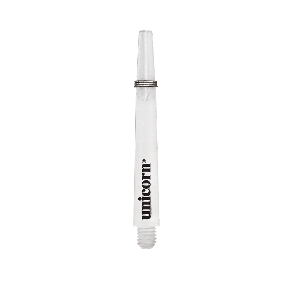 Unicorn Gripper 3 Mirage Shafts - Trasparente - 44,2 mm Das Bild zeigt einen klaren Unicorn Gripper 3 Mirage Shaft mit einer Länge von 44,2 mm. Auf dem Schaft ist das schwarze "unicorn" Logo zu sehen.