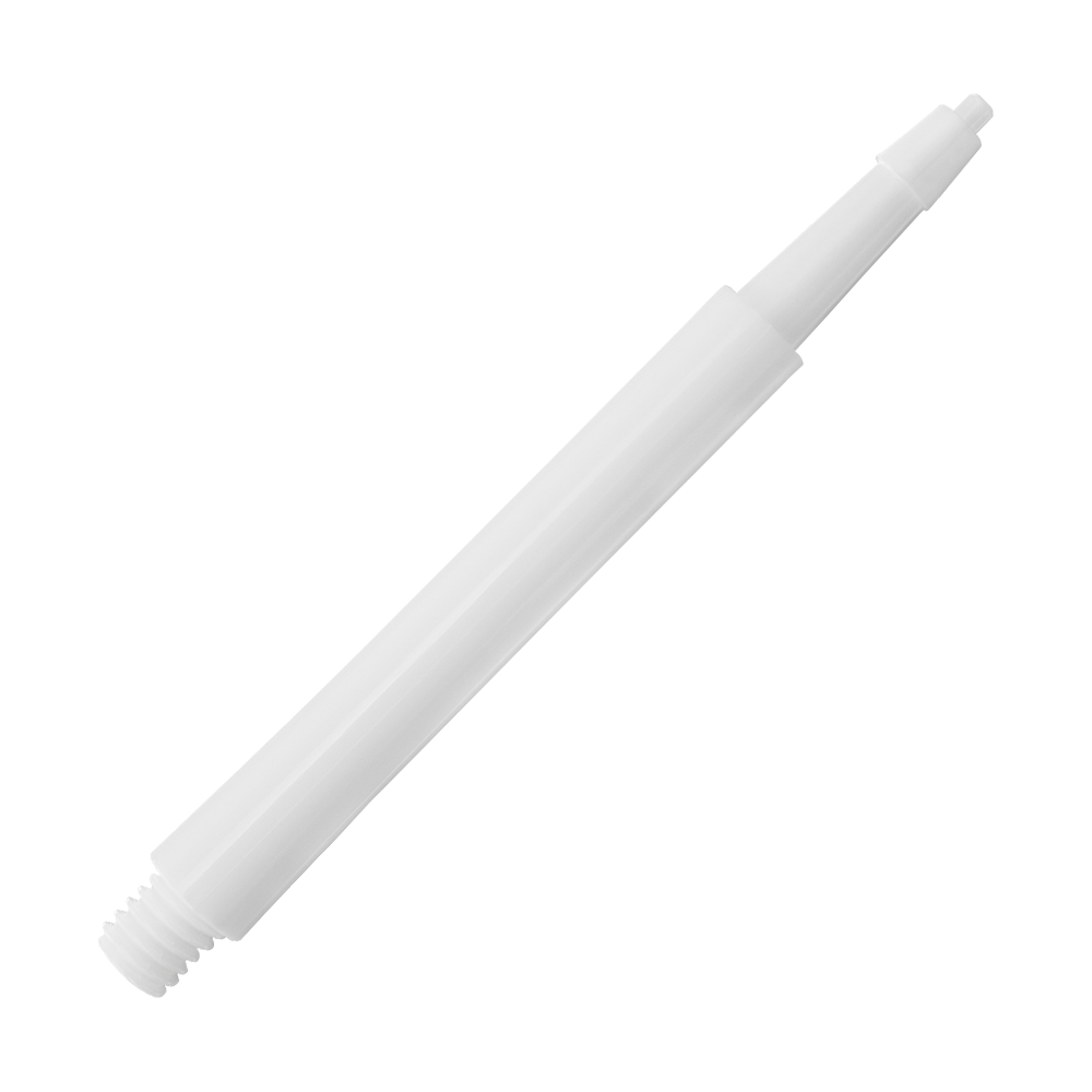 Das Bild zeigt einen weißen Harrows Clic Standard Shaft für Darts. Der Schaft ist aus Kunststoff und hat ein einfaches, geradliniges Design.