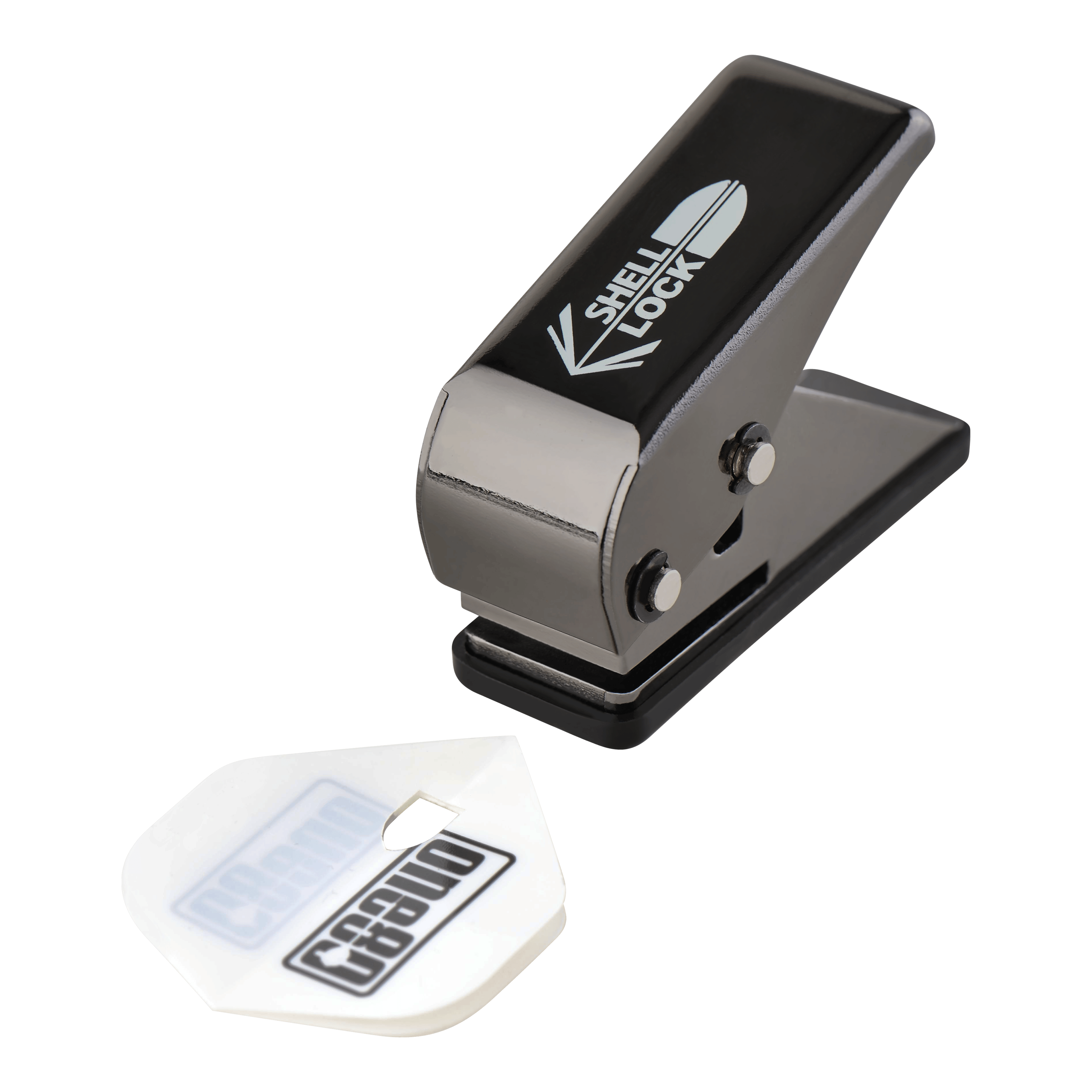Punzone di volo per blocco guscio One80 in stile L Das Bild zeigt den L-Style One80 Shell Lock Punch Flightlocher. Neben dem Locher liegt ein gestanztes Dart-Flight.