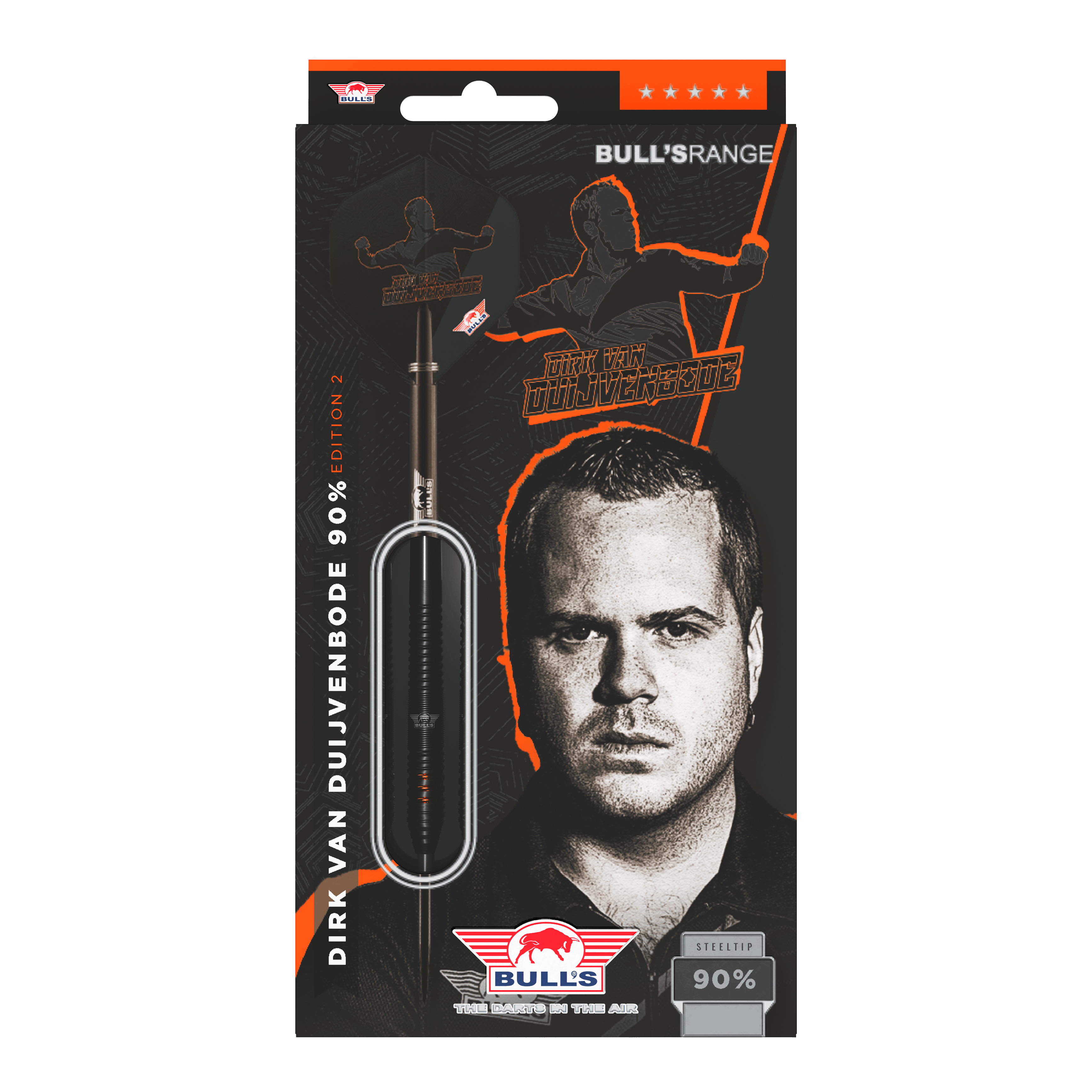 Bulls NL Dirk Van Duijvenbode Edition 2 freccette in acciaio Die Abbildung zeigt die Verpackung der "Bulls NL Dirk Van Duijvenbode Edition 2 Steeldarts". Auf der Verpackung ist ein Bild von Dirk Van Duijvenbode sowie ein Dartpfeil zu sehen.