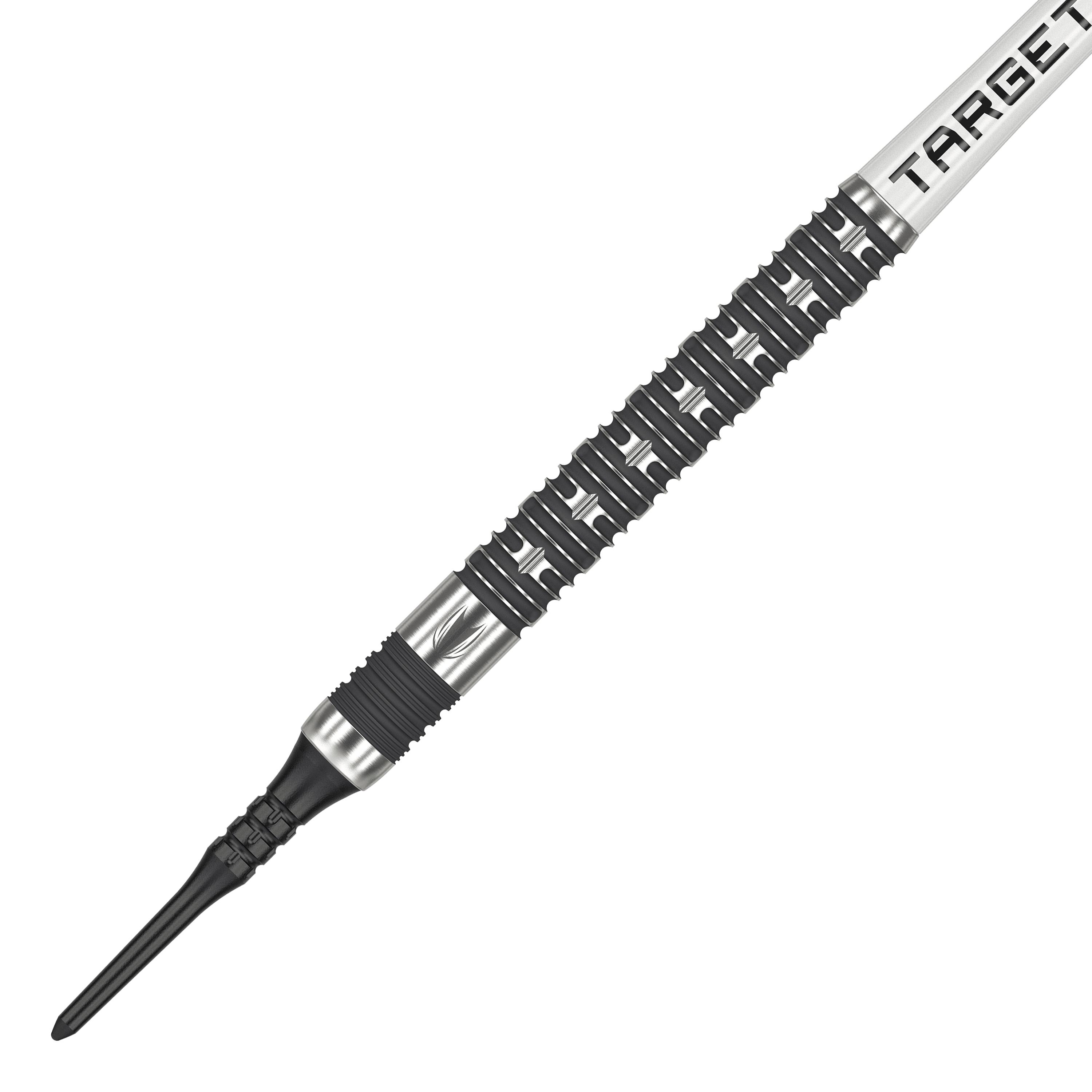 Freccette morbide Target Chris Dobey Hollywood Action - 20 g Das Bild zeigt einen Softdart aus der Serie "Target Chris Dobey Hollywood Action Softdarts - 20g". Der Dart hat ein markantes, silber-schwarzes Design mit einem strukturierten Griff.