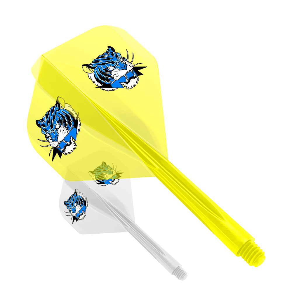 Condor AX Inazuma Tiger Mix Flight System Giallo Trasparente - Piccolo Das Bild zeigt das Produkt "Condor AXE Inazuma Tiger Mix Flight-System Yellow Clear - Small". Es handelt sich um einen gelben Dart-Flügel mit einem auffälligen Tigerkopf-Design.