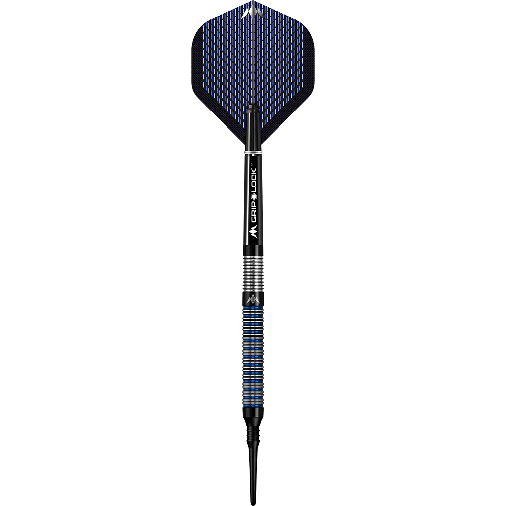 Freccette morbide Mission Nightfall Model 1 Das Bild zeigt einen Softdart namens "Mission Nightfall Model 1". Der Dart hat schwarze und blaue Akzente sowie eine strukturierte Griffzone.