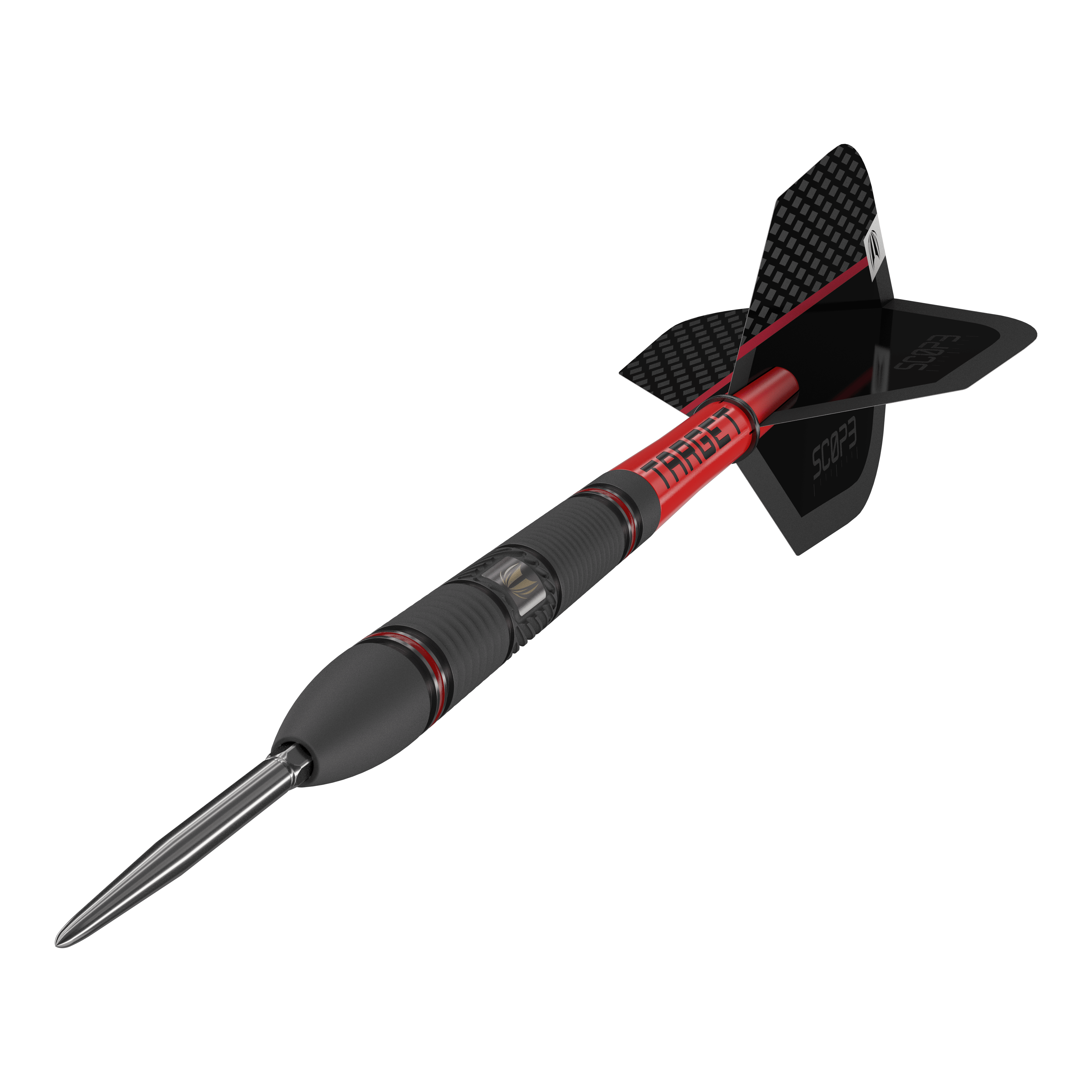 Freccette in acciaio Target Scope 02 Swiss Point Das Bild zeigt den Target Scope 02 Swiss Point Steeldart. Der Dartpfeil hat ein schwarzes und rotes Design mit einer metallischen Spitze und schwarzen Flights.