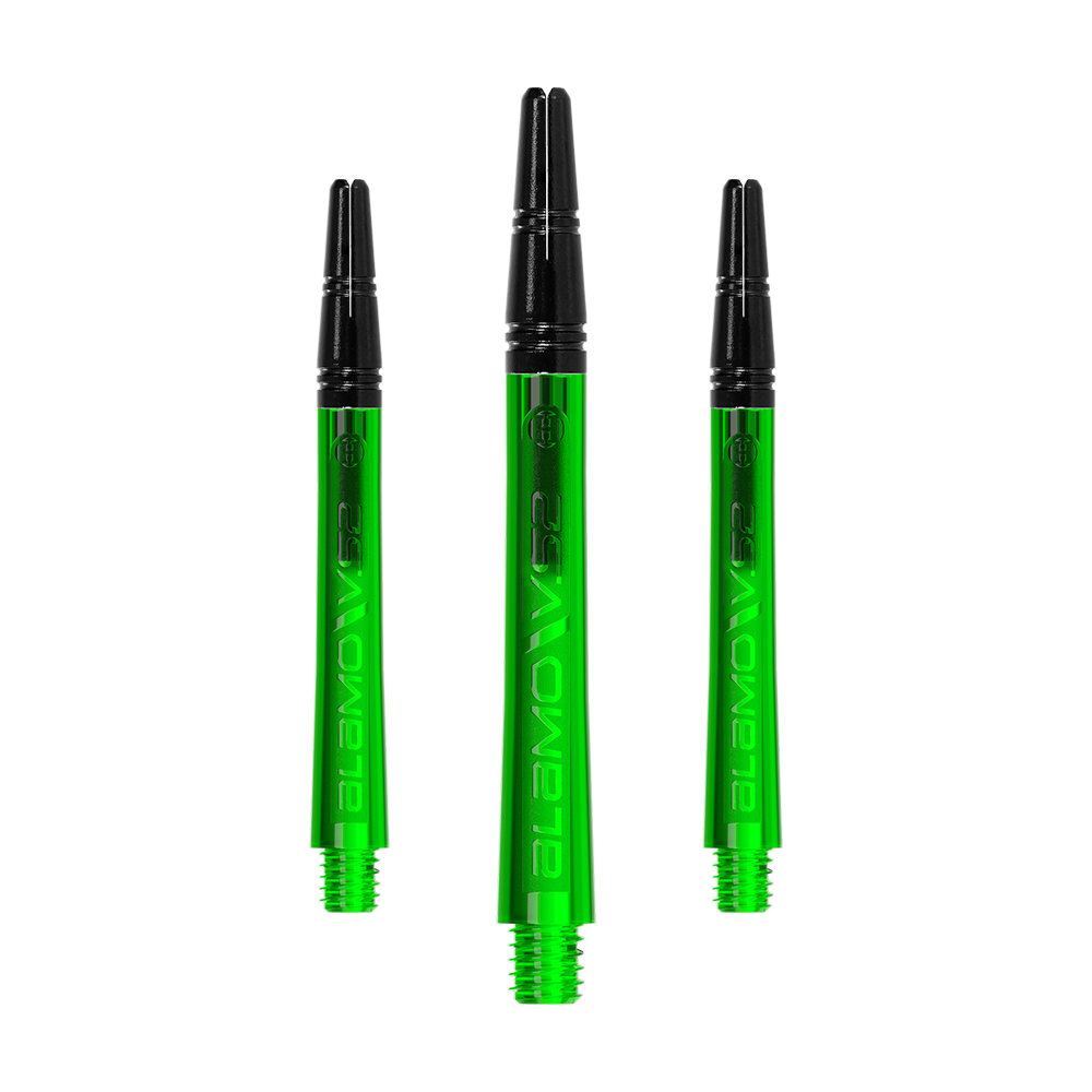 Alberi Harrows Alamo VS2 - Verdi Ein Set langer Dart-Schäfte mit glänzender Textur ist zu sehen. Die Schäfte liegen sortiert nebeneinander.