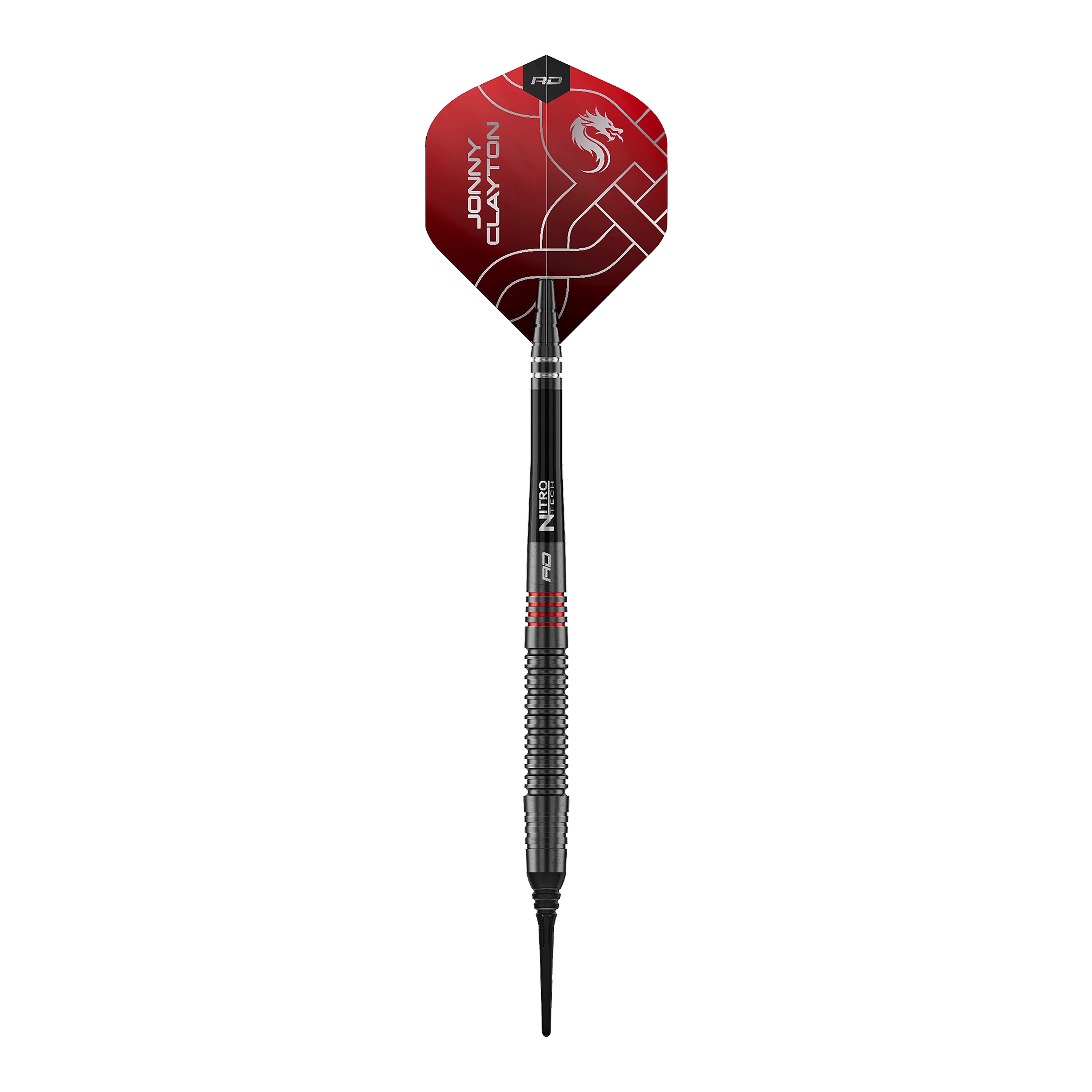 Freccette morbide Red Dragon Jonny Clayton RD-ADV - 18 g Das Bild zeigt die Red Dragon Jonny Clayton RD-ADV Softdarts - 18g. Ein einzelner Softdart wird von oben präsentiert.