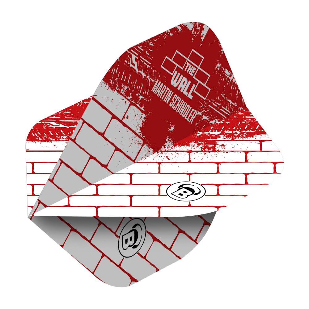 Bulls Metrixx Martin Schindler Bianco Rosso No2 Voli Standard Das Bild zeigt ein Dartflight im roten und weißen Ziegelstein-Design mit der Aufschrift "The Wall Martin Schindler". Das Produkt ist ein Bulls Metrixx Martin Schindler White Red No2 Standard Flight.