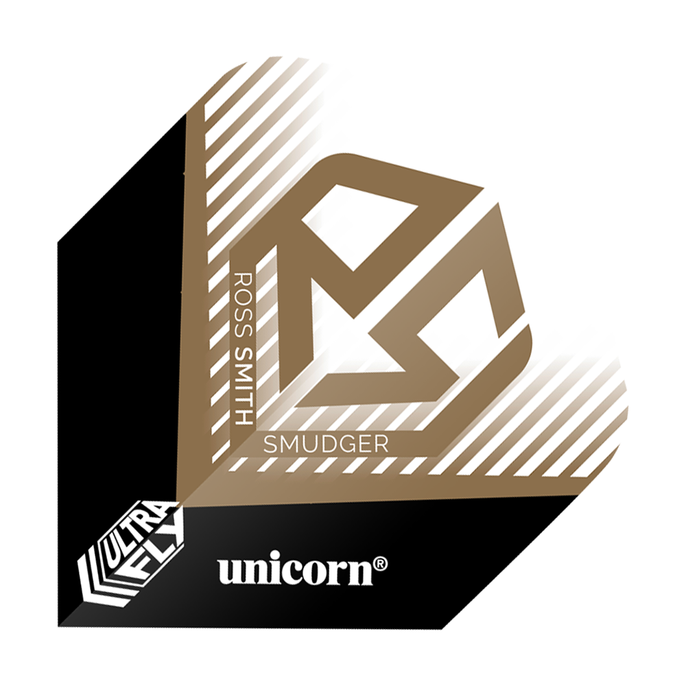 Voli Unicorn Ultrafly 100 Ross Smith Plus Das Bild zeigt ein Dartflight mit dem Namen "Unicorn Ultrafly 100 Ross Smith Plus Flights". Es ist in Schwarz, Weiß und Gold gestaltet und trägt den Namen "Ross Smith" sowie das Logo "Unicorn".