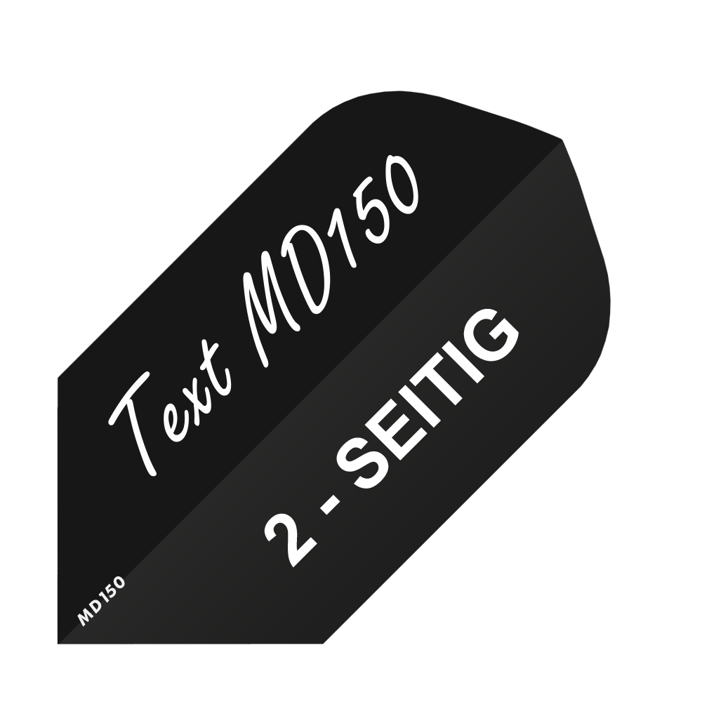 MD-250_2-Seitig_Bedruckte_Flights_Wunschtext_MD150_Schwarz_Slim_1 Das Bild zeigt ein schwarzes Dartflight mit weißem Text darauf. Auf dem Flight steht "Text MD150" und "2-SEITIG".
