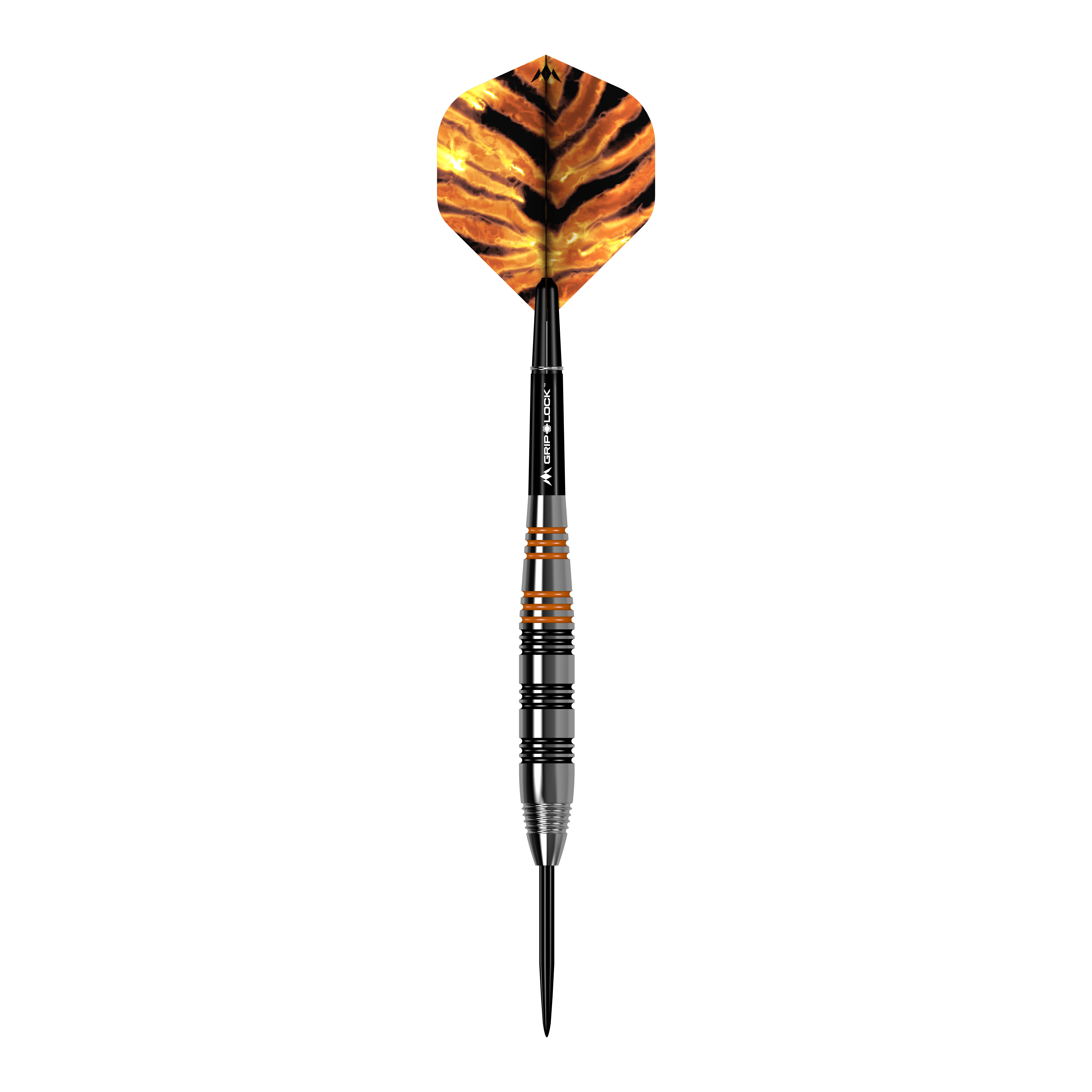 Freccette Mission Javan in ottone e acciaio - 22 g Das Bild zeigt einen Steeldart namens "Mission Javan Brass Steeldarts - 22g". Der Dart hat schwarze und orangefarbene Akzente sowie eine Flügel mit einem Tigerstreifenmuster.